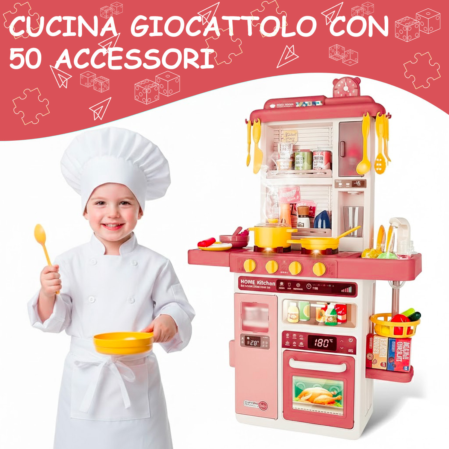 Cucina Giocattolo Bambini Con Luci E Suoni Realistici Rubinetto Con Riciclo Acqua Forno Fornelli Apribili 50 Accessori Gioco Educativo 3–8 Anni Rossa