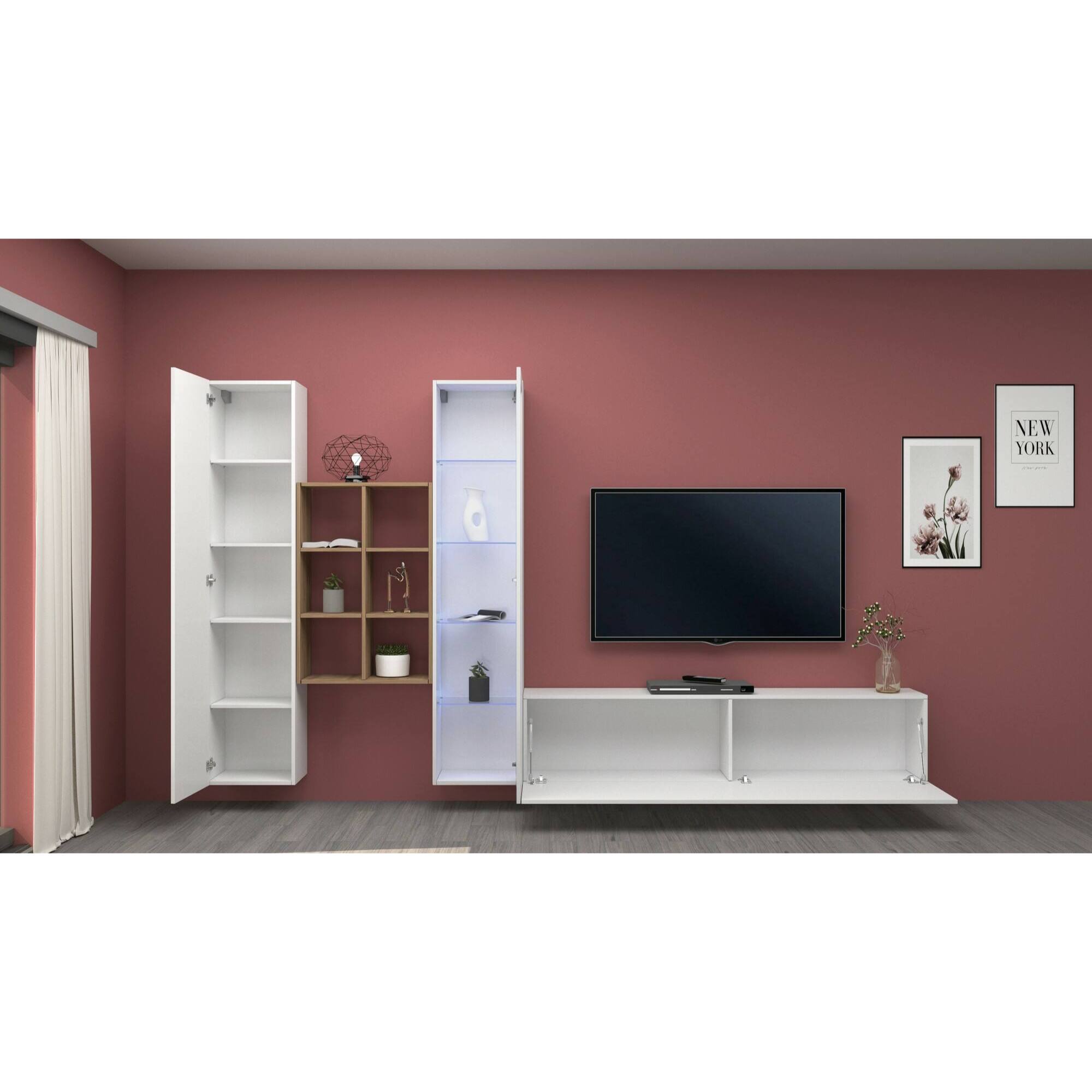 Parete attrezzata Eugenio, Set salotto porta TV a 3 ante, Mobile soggiorno multiuso con vetrina e luce LED, 100% Made in Italy, cm 320x30h180, Bianco lucido