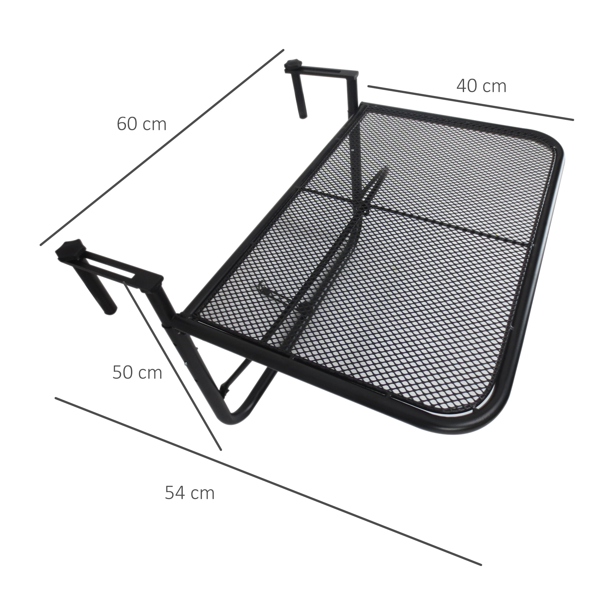 Mesa Colgante de Balcón con Brazo Regulable y Altura Ajustable en 3 Posiciones Marco Metálico Carga Máx. 30 kg 60x56x50 cm Negro