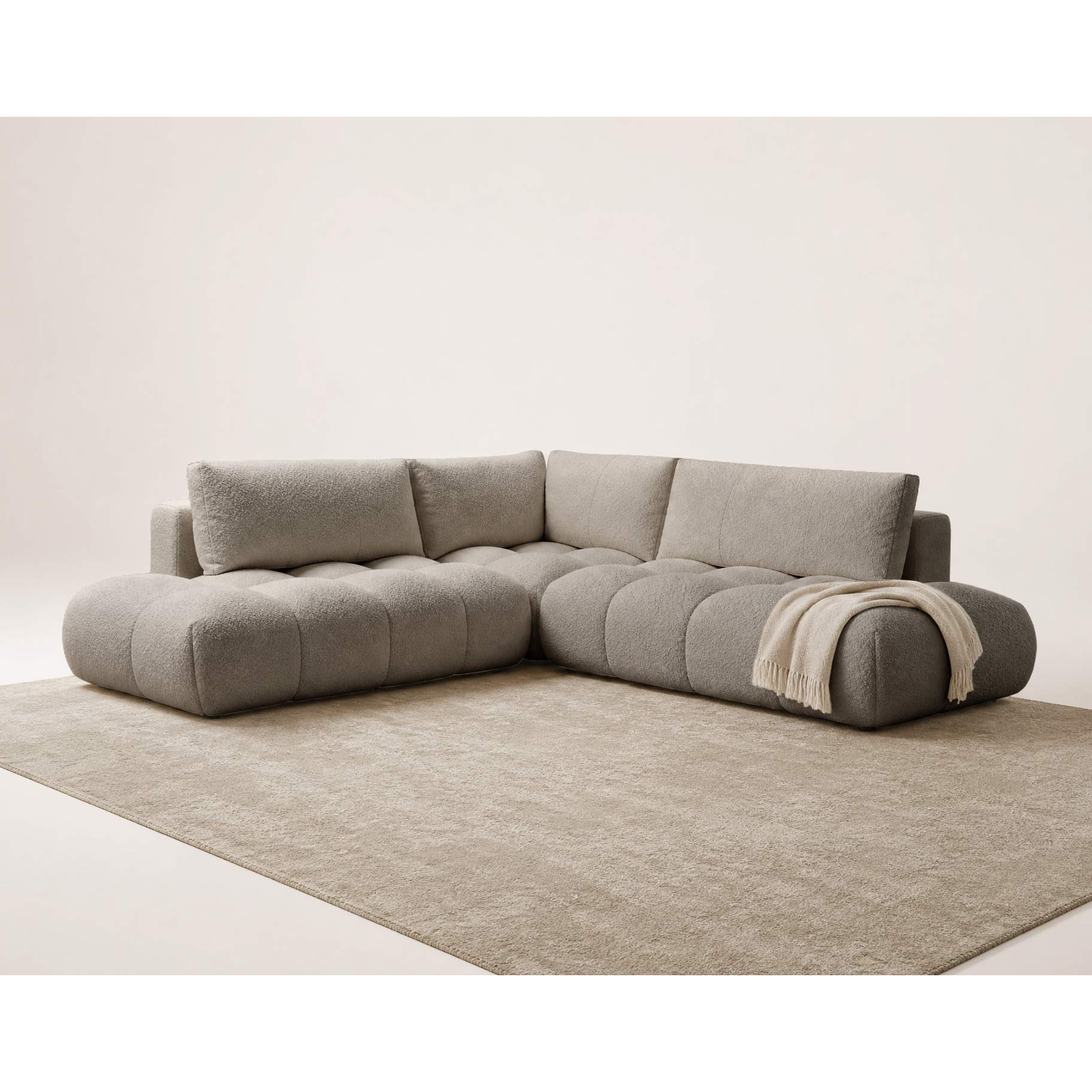 Yulin - Canapé d'angle L 5 places convertible avec coffre en tissu bouclette - Taupe