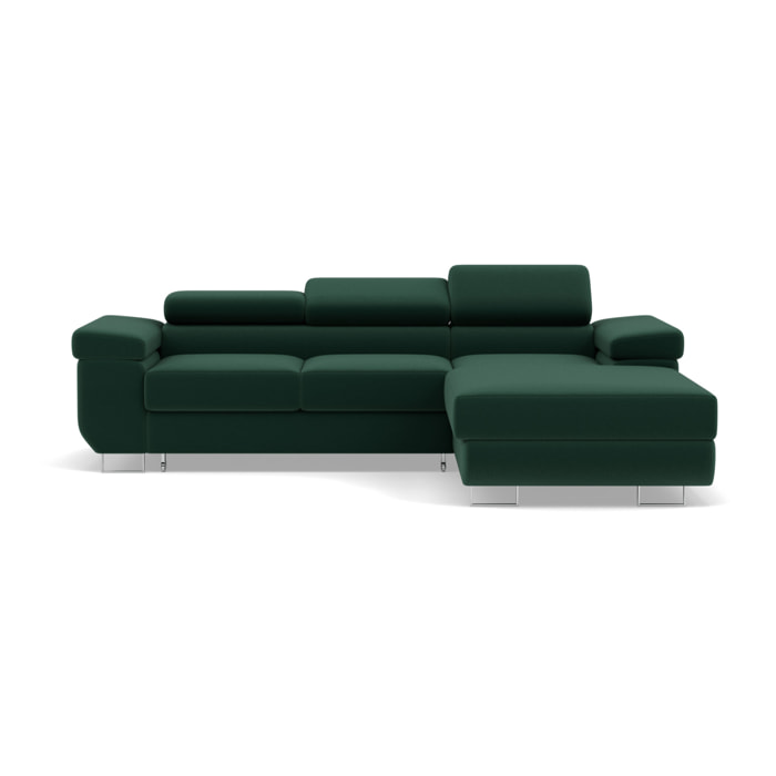 Pablo - canapé d'angle droit - 6 places - convertible avec coffre et têtières réglables - en velours - Vert