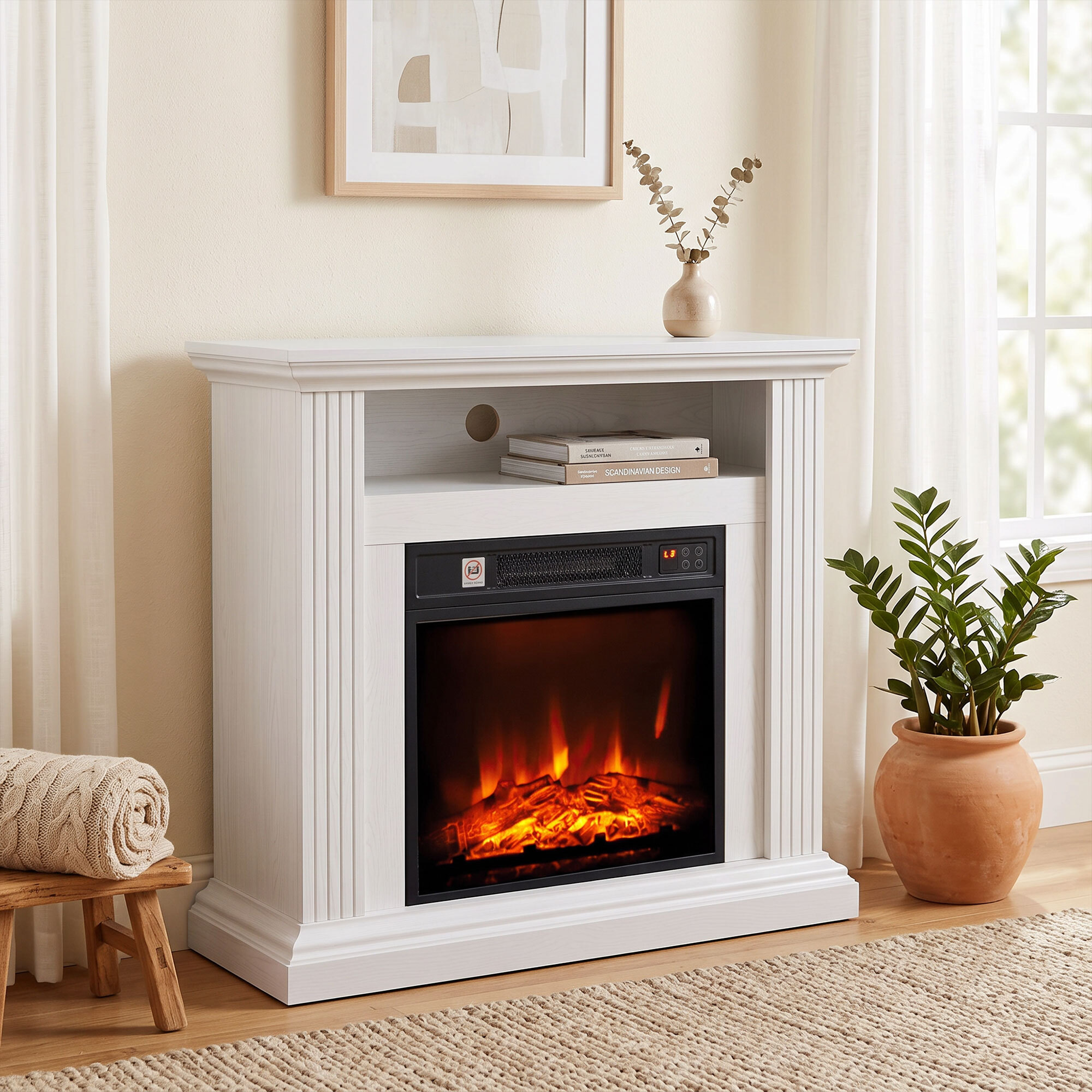 Cheminée électrique style montagnard aspect bois - niche, télécommande, timer - max. 1800W - blanc