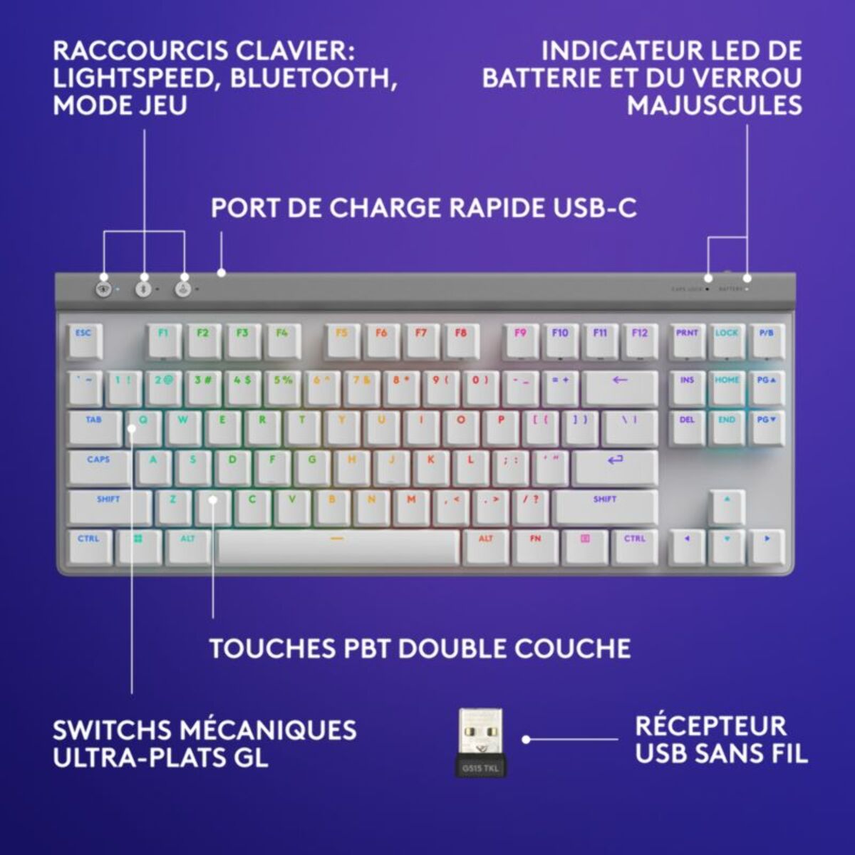 Clavier gamer sans fil LOGITECH G515 Lightspeed TKL tactile Blanc