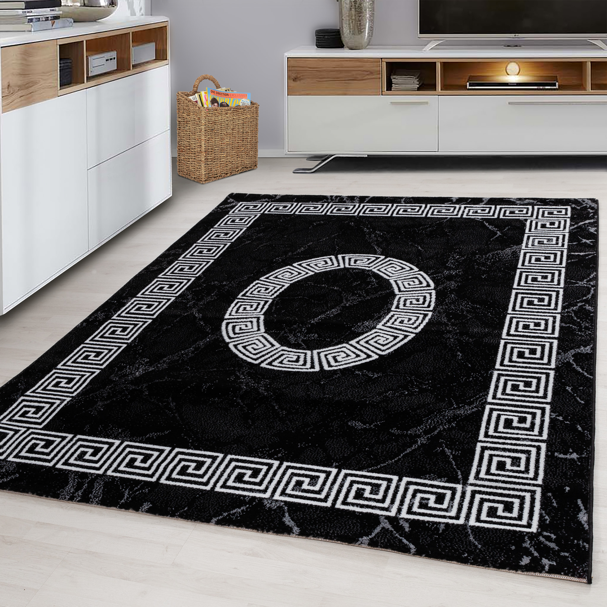 PLUS - Tapis à poils courts style grec noir - PLU8009NOI