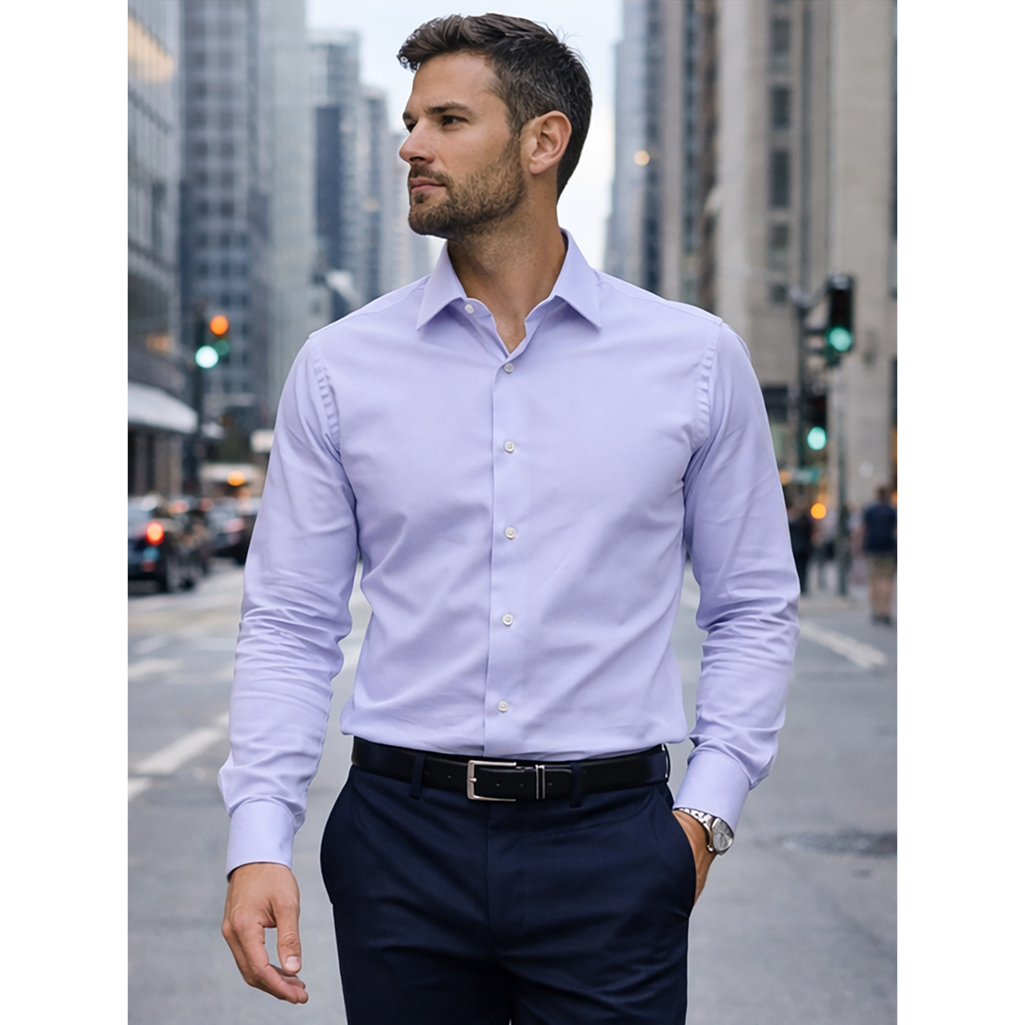 Camicia Uomo 1 Bottone Italiano Slim Satin Unito Lilla