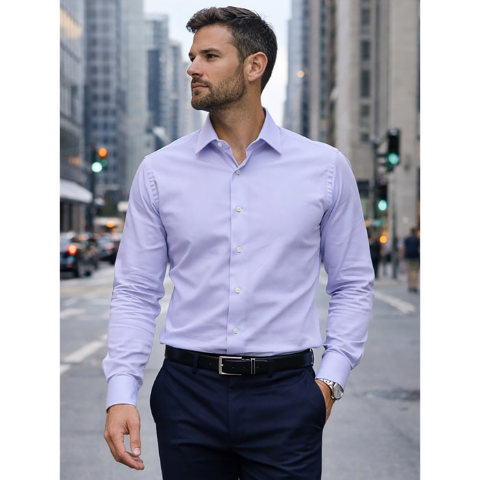 Camicia Uomo 1 Bottone Italiano Slim Satin Unito Lilla