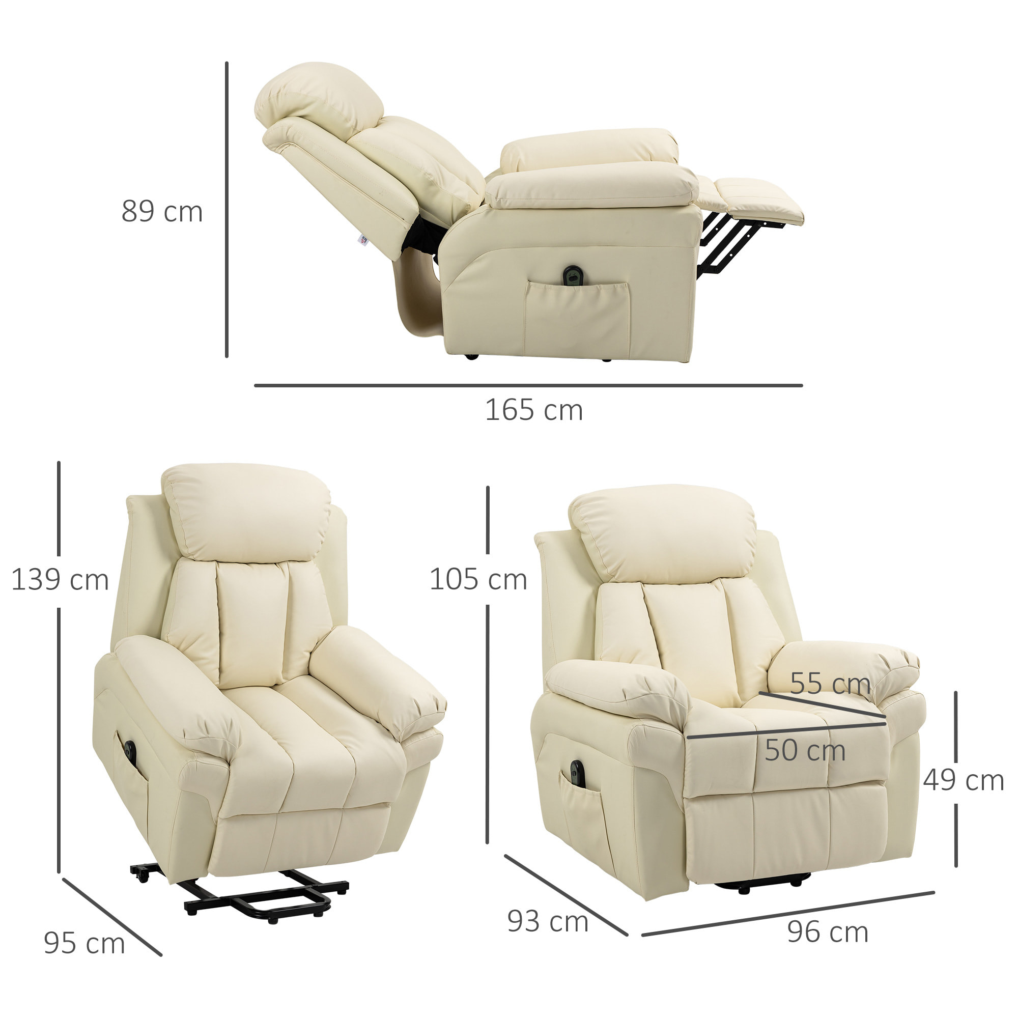 Fauteuil releveur inclinable avec repose-pied ajustable - fauteuil de relaxation électrique - revêtement synthétique crème