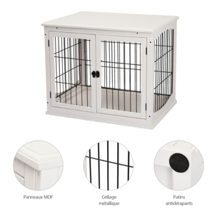 Cage pour chien animaux cage en bois MDF classe E1 3 portes verrouillables max. 30 Kg dim. 81L x 58l x 66H cm blanc noir