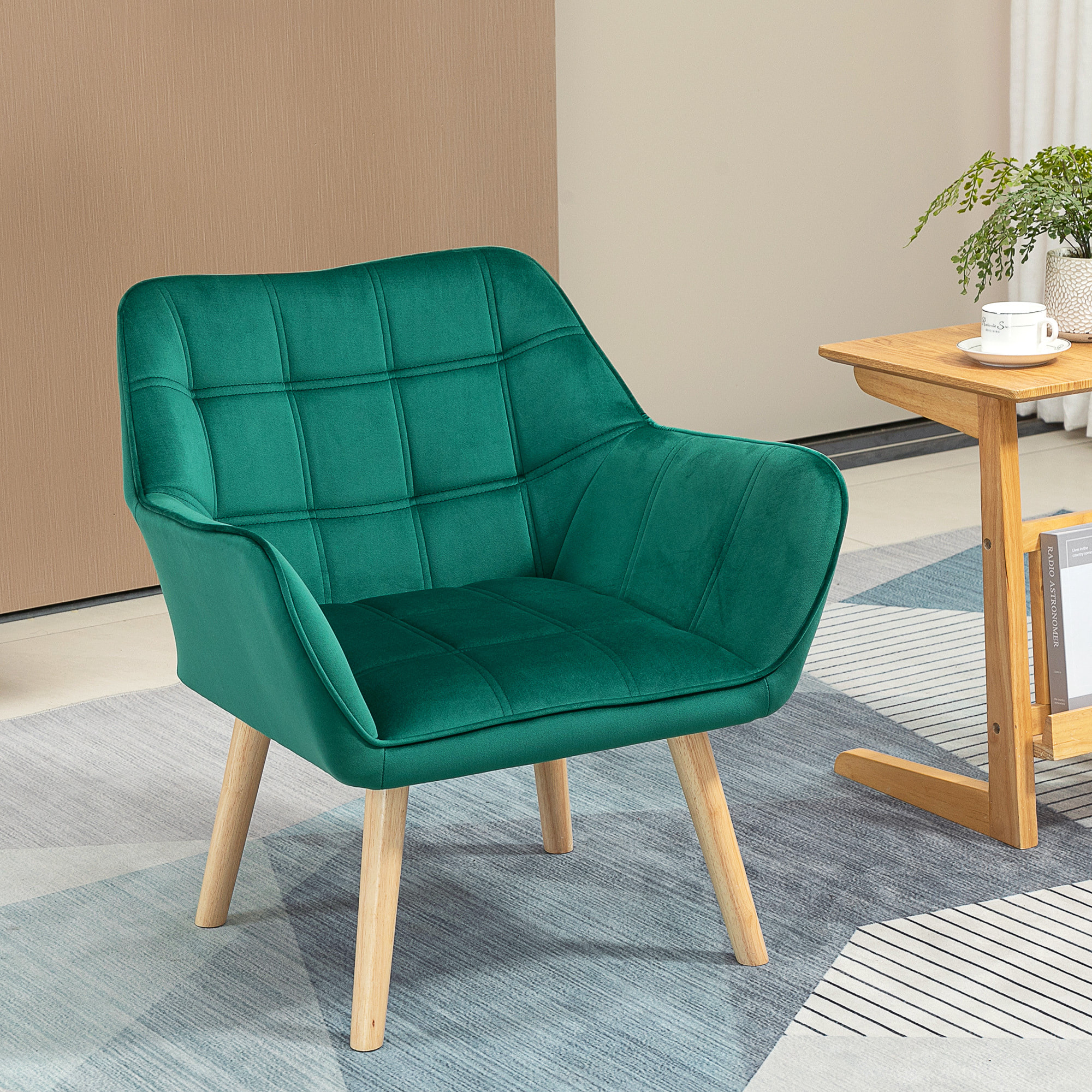 Butaca de Salón Moderna, Sillón Lectura Tapizado en Terciopelo con Asiento Ancho, Patas de Madera, Fácil Montaje, Sillón Relax para Sala de Estar, Dormitorio y Balcón, Verde