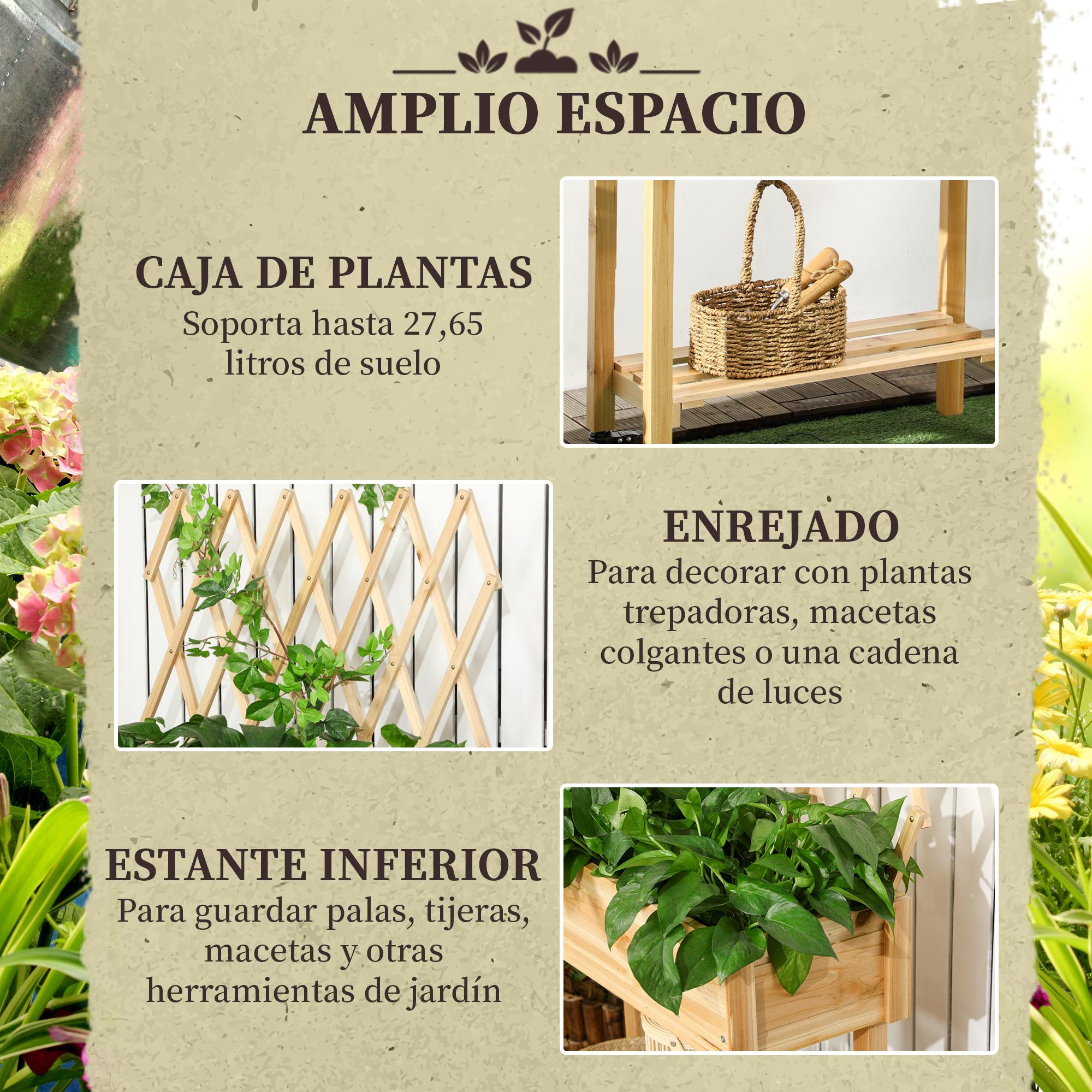 Huerto Urbano Elevado de Madera con Ruedas Mesa de Cultivo con Enrejado Cama de Jardín Elevado con Tela no Tejida y Orificio de Drenaje para Plantas Flores 79x29x130 cm Natural