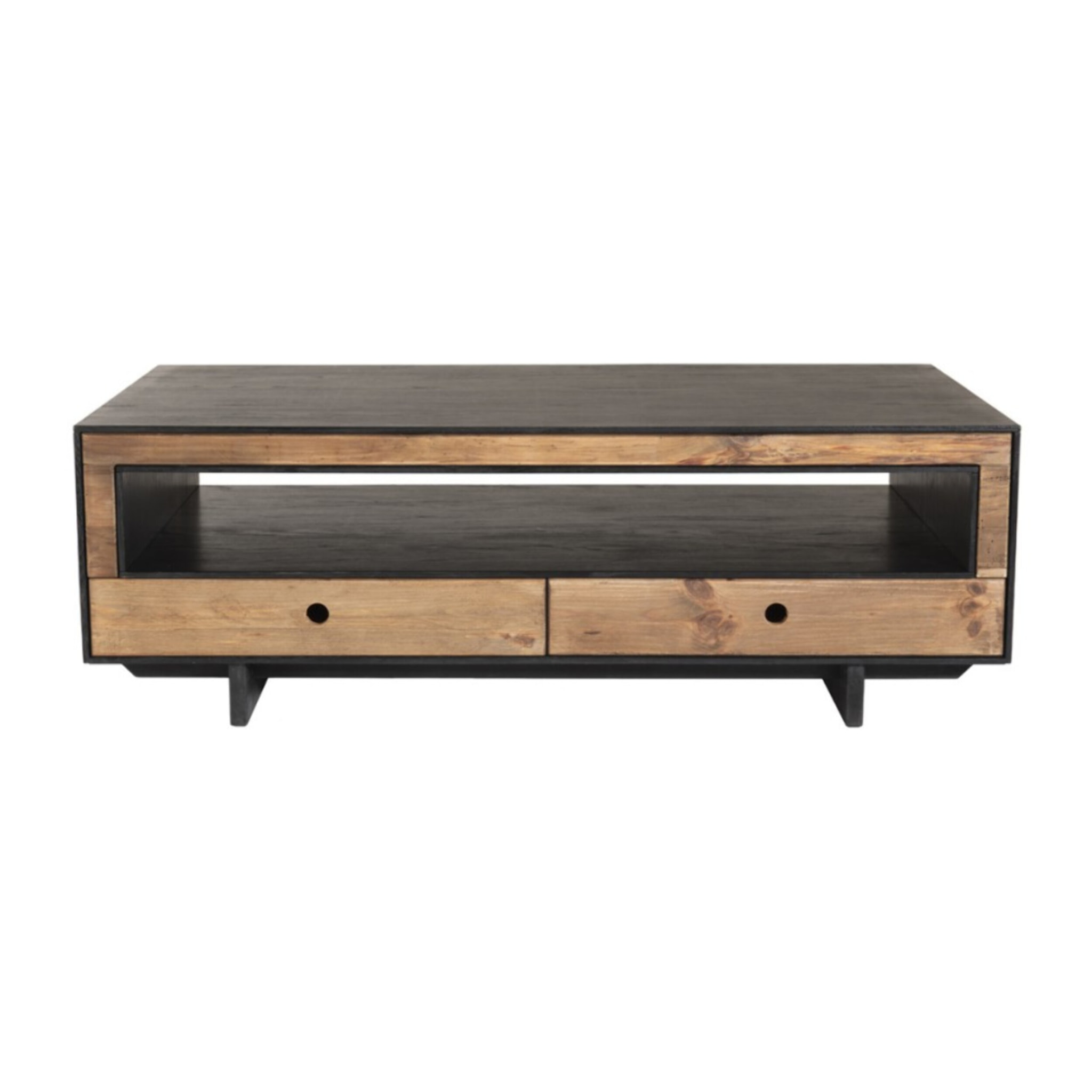 DANDY - Table basse 4 tiroirs 1 niche bois Pin recyclé naturel et noir