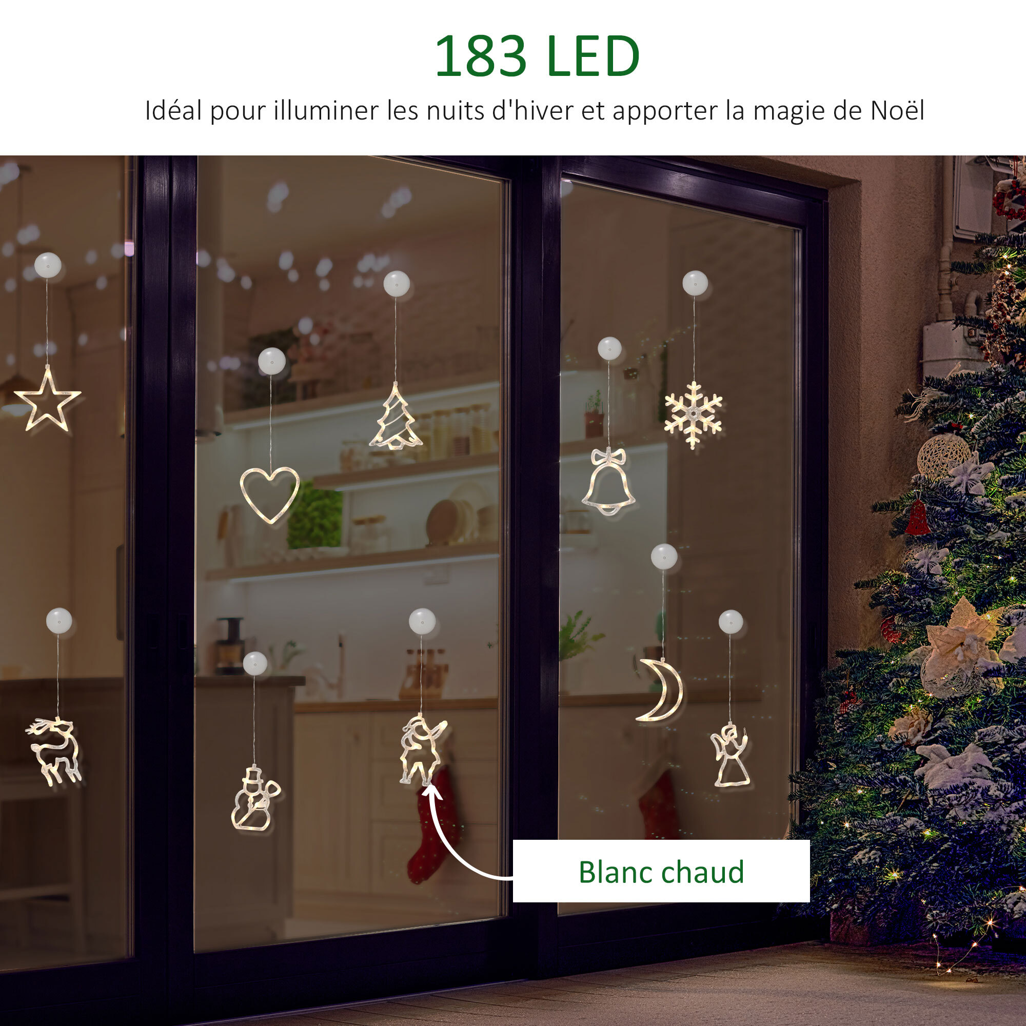 Décoration de Noël LED - décoration Lumineuse de Noël pour fenêtre - Silhouettes Noël pour fenêtre - 18 pièces avec ventouses - Blanc Chaud