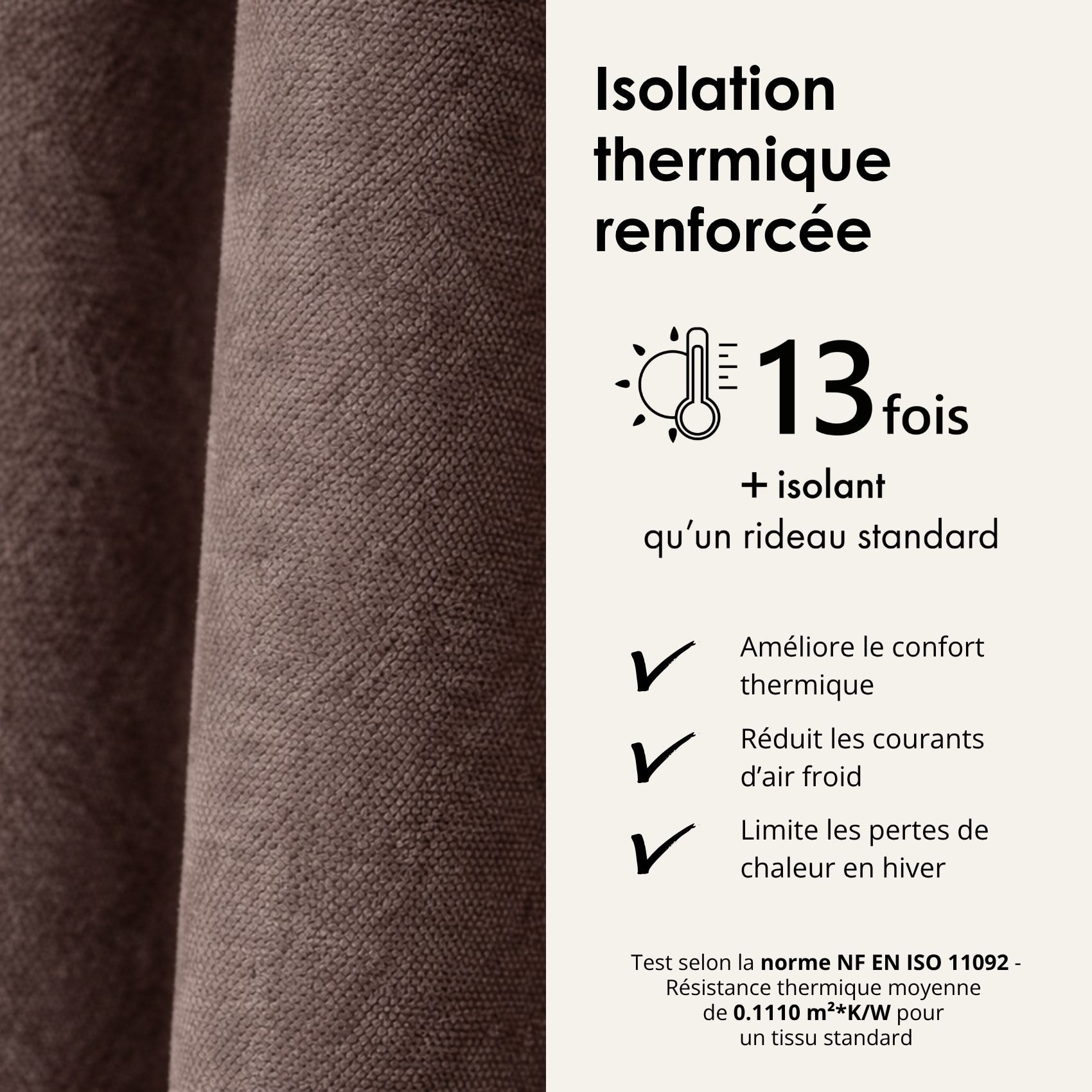Rideau thermique phonique et semi occultant à galons fronceurs KONFOR - Taupe