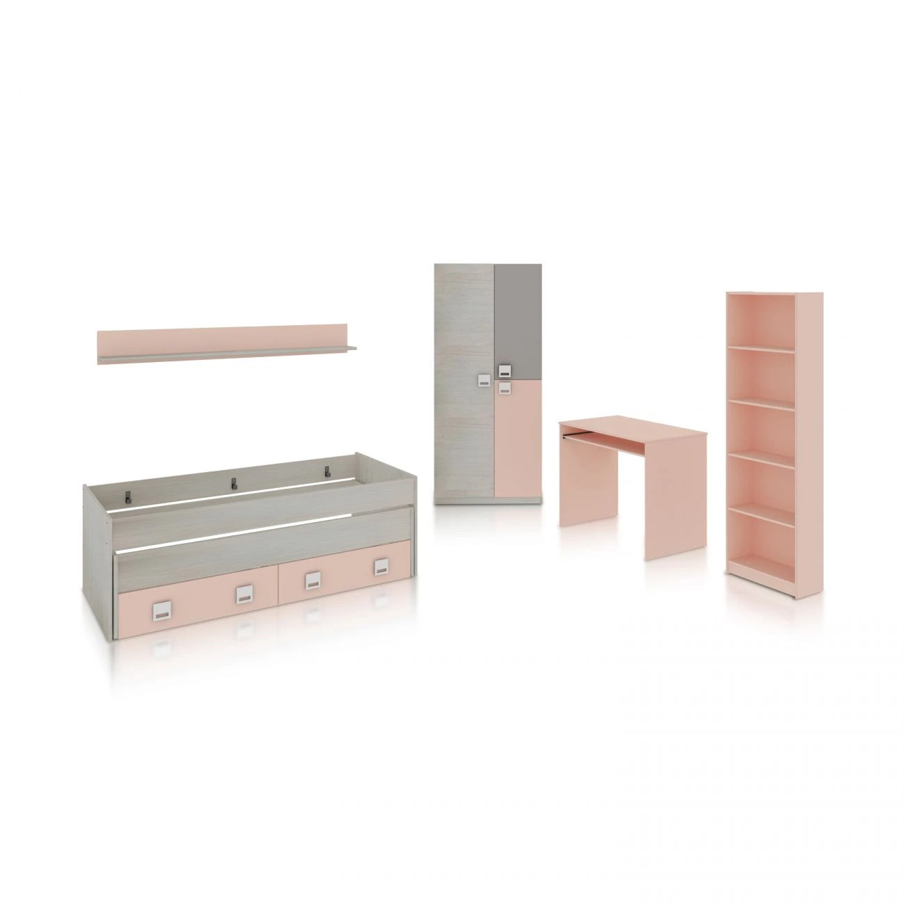 Dormitorio juvenil Kenia Max Blanco Alpes - Rosa y Gris