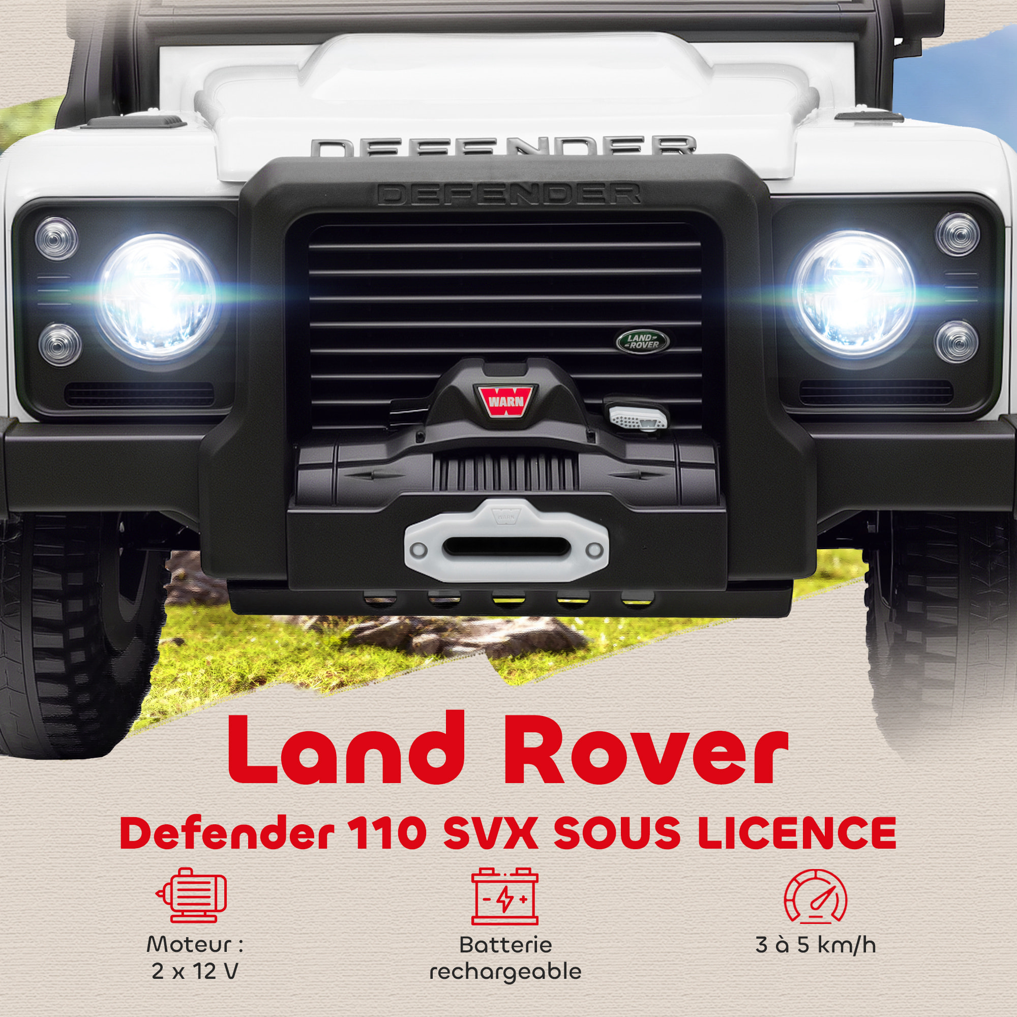 Voiture électrique enfant Land Rover Defender 110 SVX 12V 5Km/h max. télécommande blanc