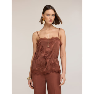Motivi - Top de raso jacquard con encaje - Marrón