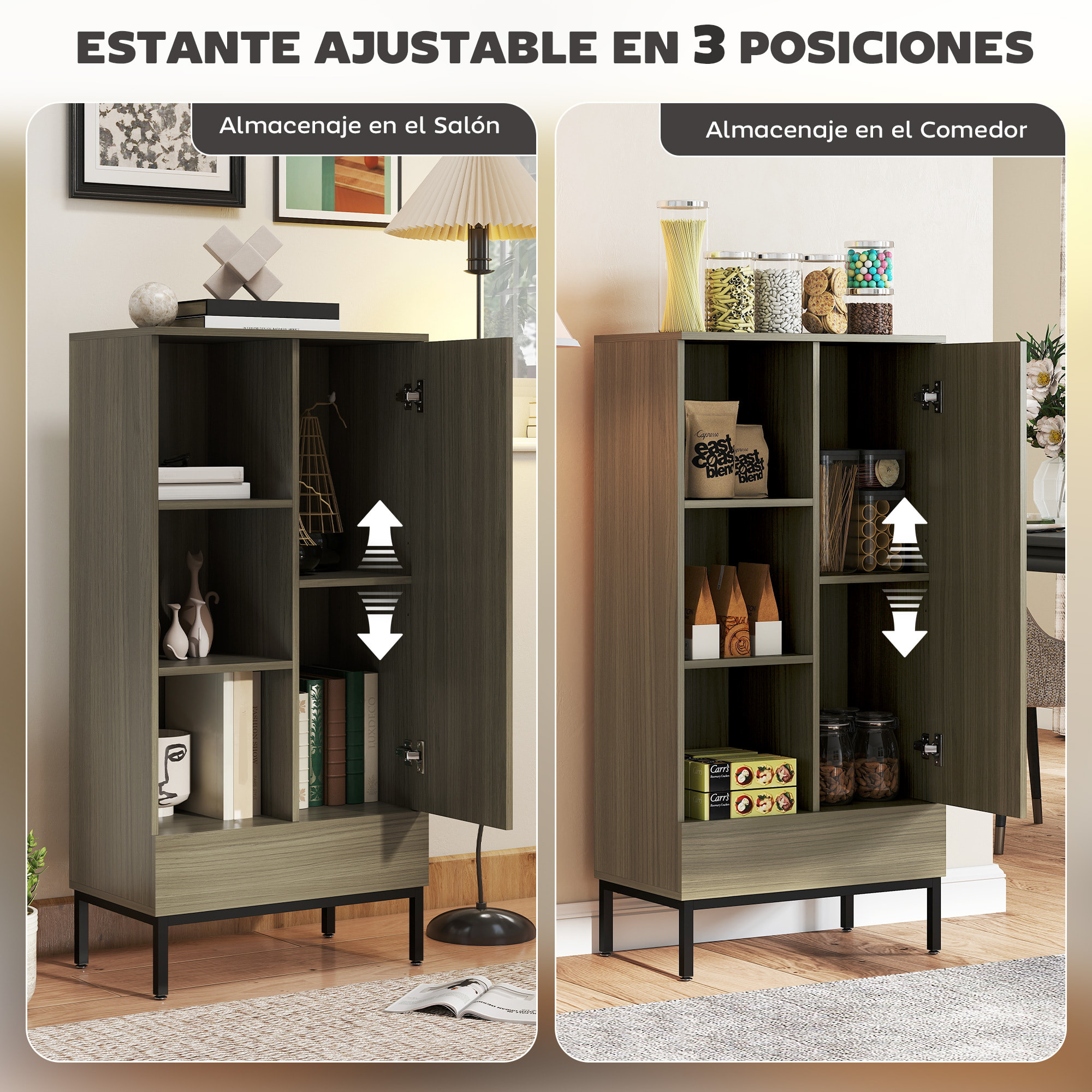 Aparador 1 Puerta Aparador para Salón Moderno con Cajón Estante Ajustable y 3 Compartimentos Abiertos para Comedor Entrada Dormitorio 60x34x121 cm Natural