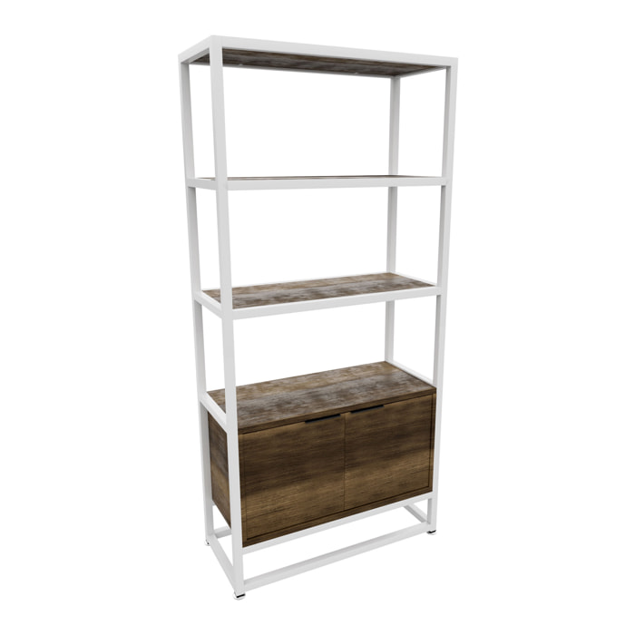 Edo - Scaffale Libreria a Muro 76x162,5x33,5 cm 3 Ripiani con Mobiletto 2 Ante in Legno Oak Struttura in Metallo Bianco