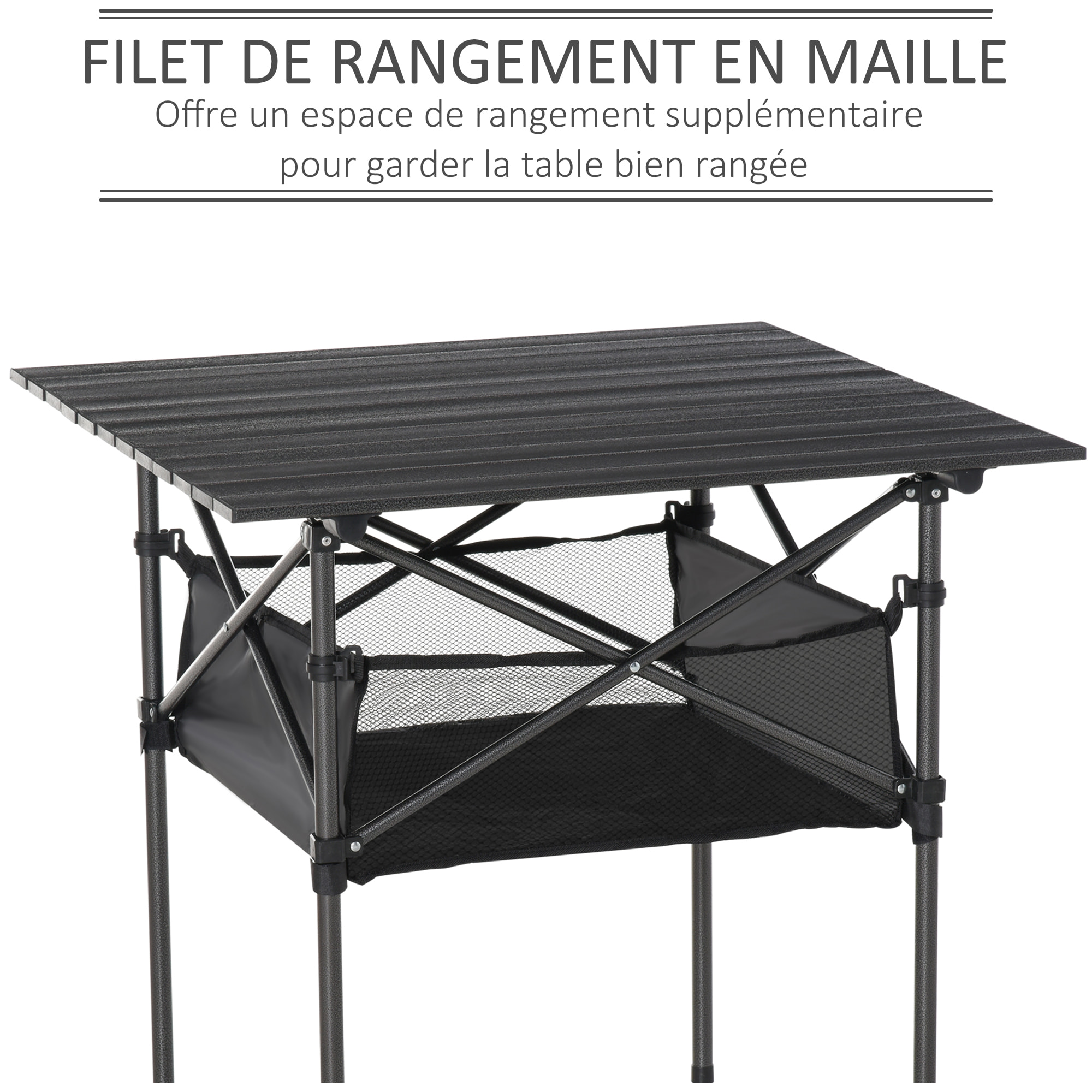 Table pliante table de camping table de jardin filet rangement + sac transport plateau alu. châssis métal époxy noir