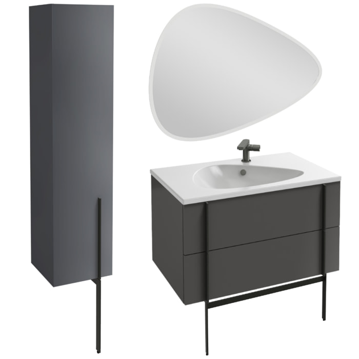 Meuble vasque Nouvelle Vague gris brillant + colonne + miroir + pied