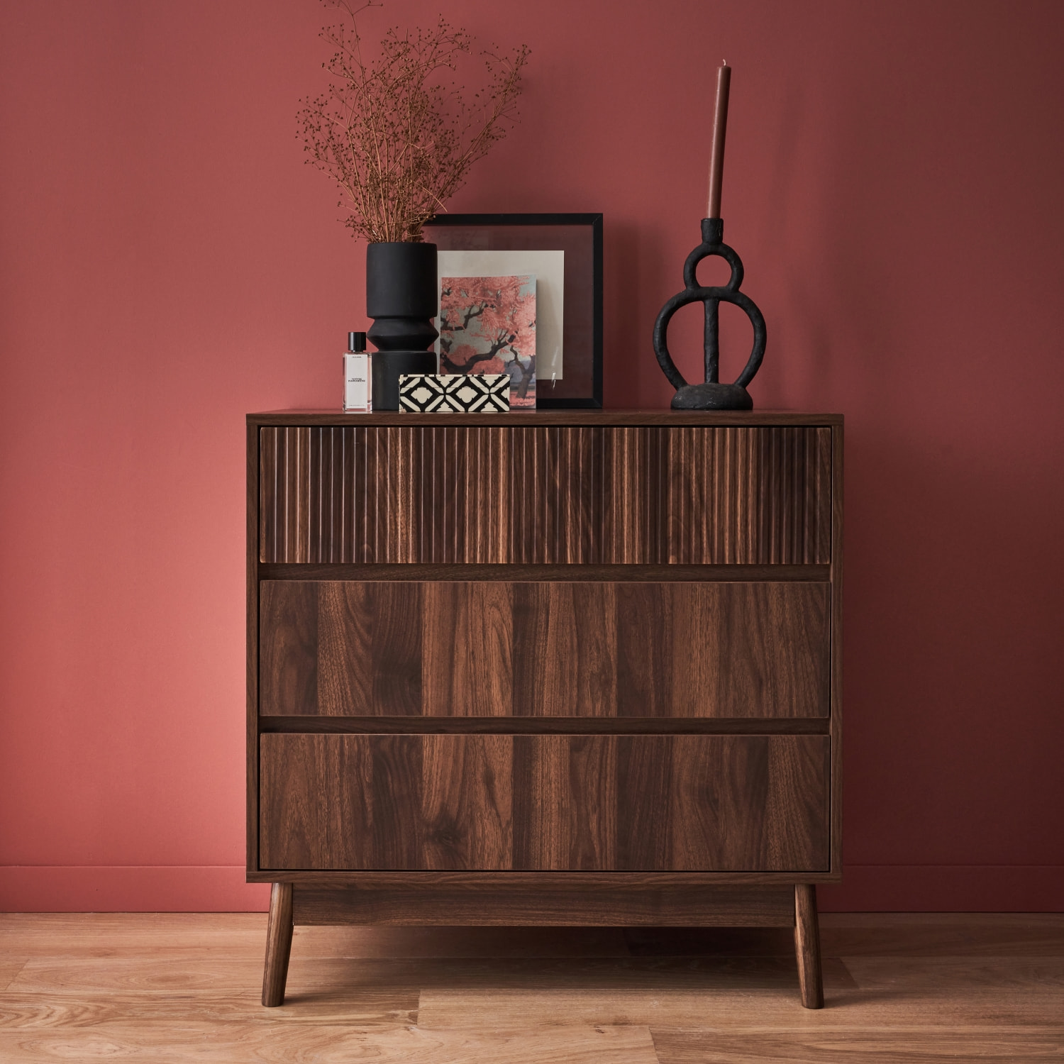 Commode de rangement décor bois de noyer. 3 tiroirs