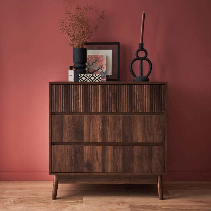 Commode de rangement décor bois de noyer. 3 tiroirs