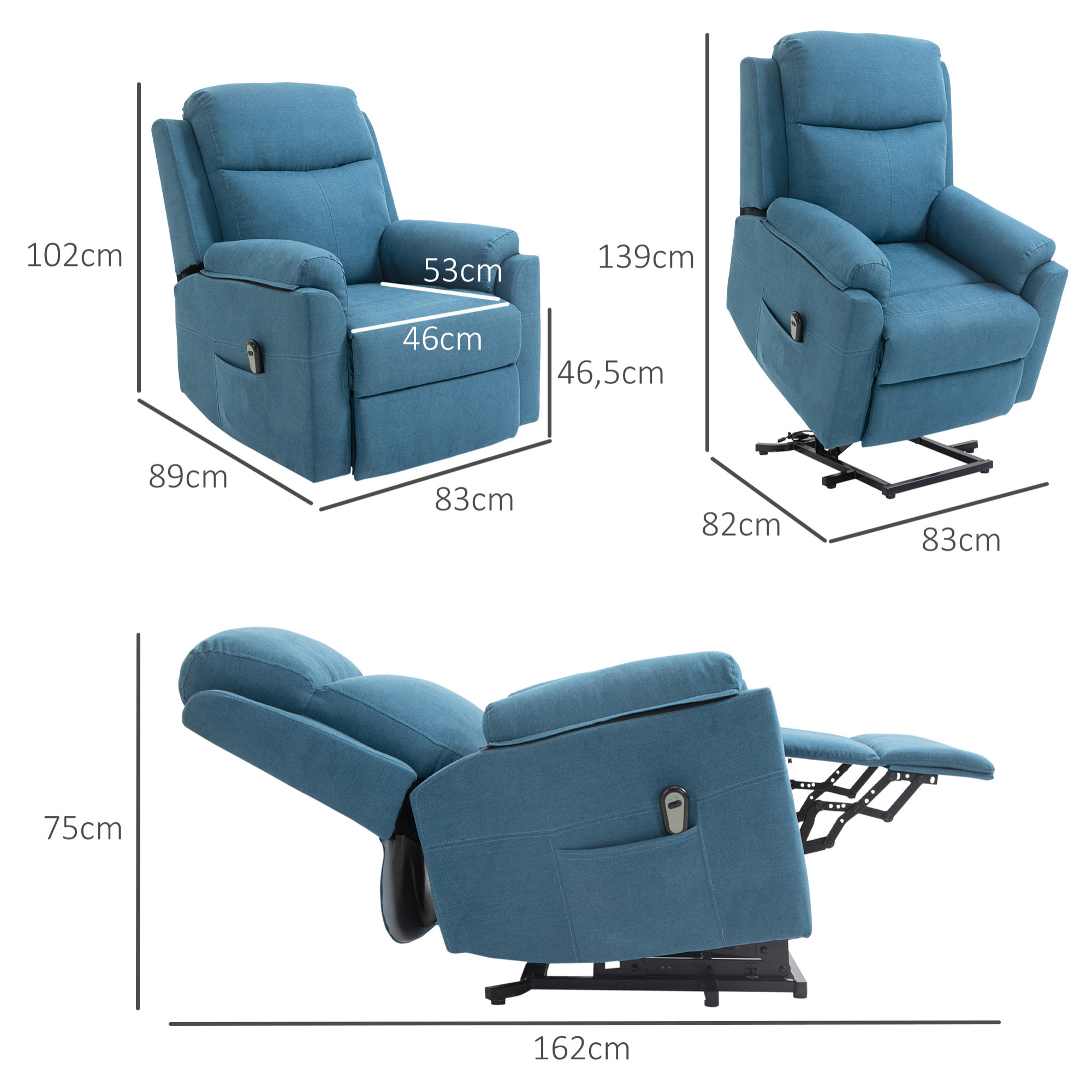 Fauteuil de relaxation électrique - fauteuil releveur inclinable avec repose-pied ajustable et télécommande - tissu aspect lin bleu