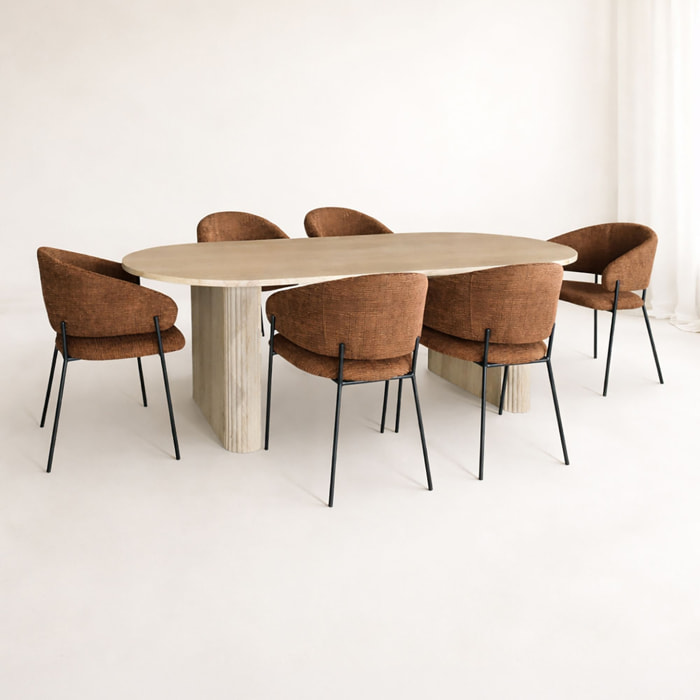 Ensemble table ovale effet bois 220cm et 6 fauteuils tissu terracotta QUITO