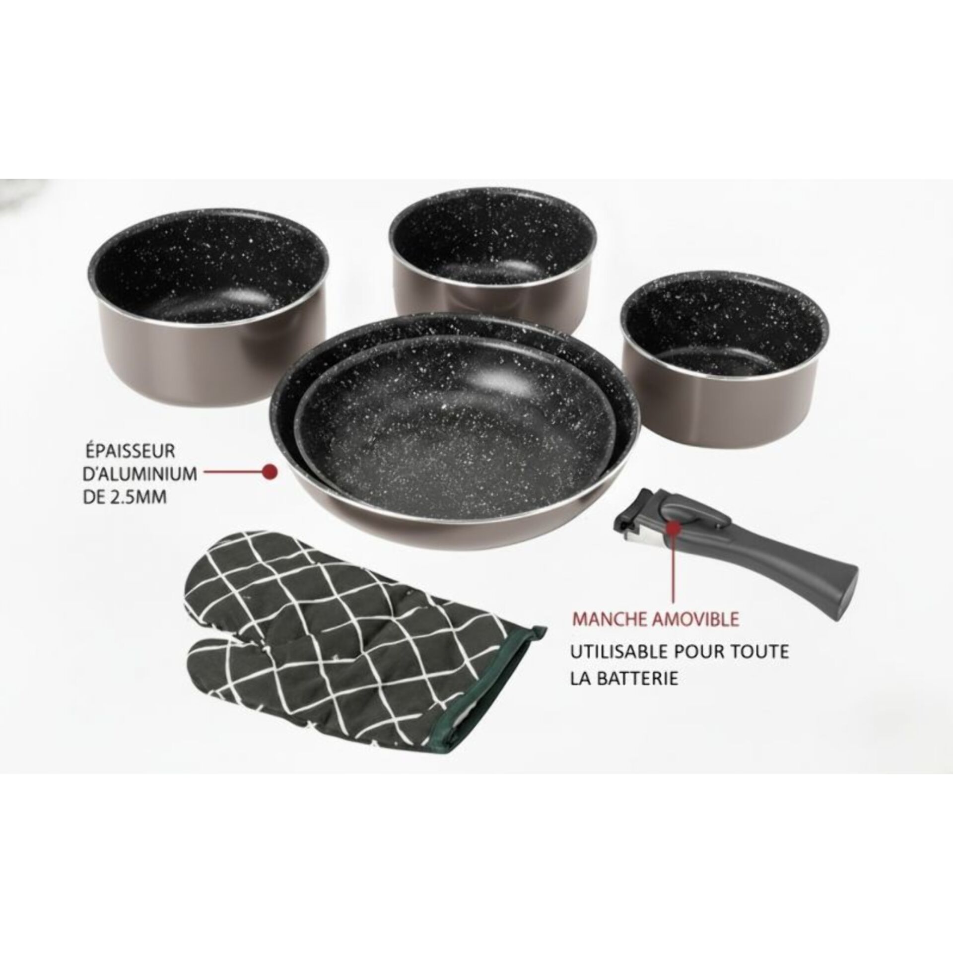 Batterie de cuisine revêtement pierre avec manche amovible 7 pièces carbonne Herzberg HG8053-CAR