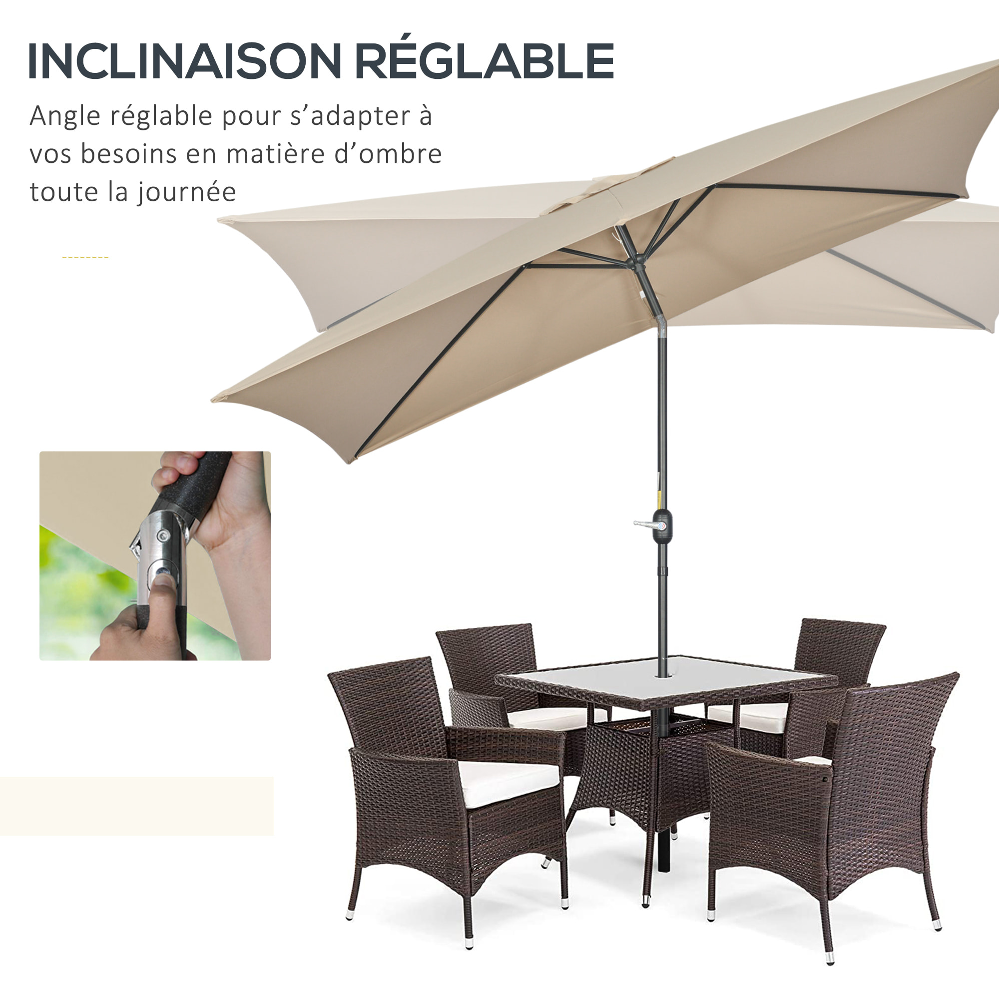 Parasol inclinable rectangulaire métal polyester haute densité 2,94L x 1,98l x 2,55H m kaki