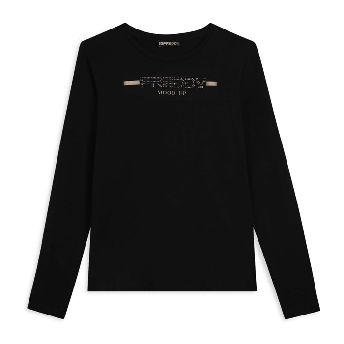 T-shirt da donna a manica lunga con fondo stondato