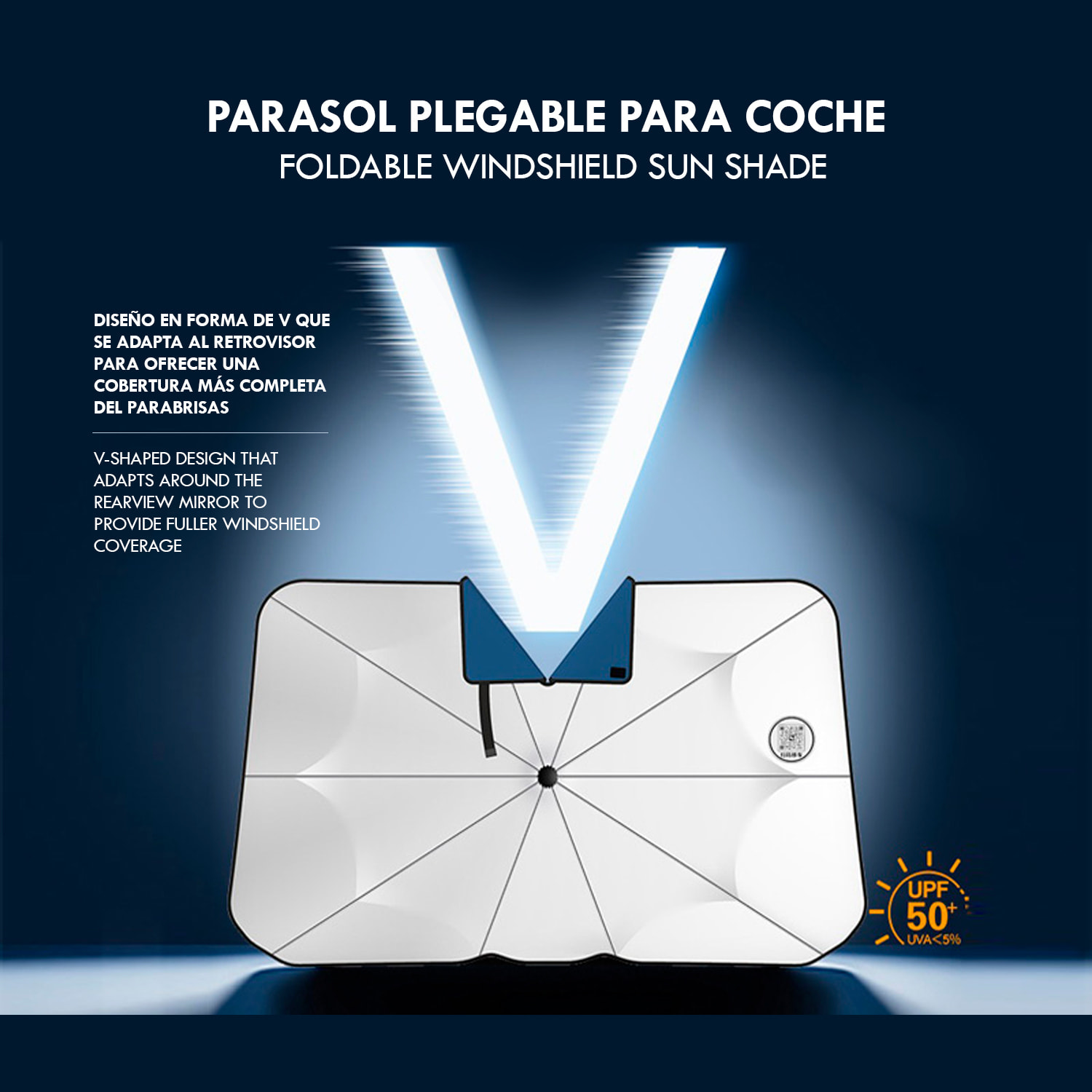 Parasol plegable para coche con diseño tipo paraguas que bloquea el calor y la luz solar. Incluye funda.