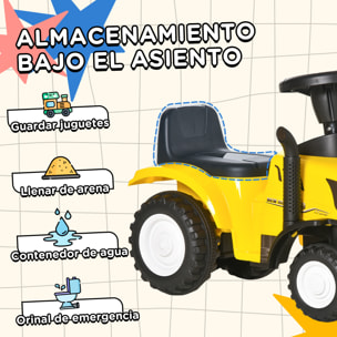 Tractor sin Pedales para Niños de 12-36 Meses con Remolque Extraíble Coche Correpasillos con Bocina Faros Pala Asiento de Suelo 25 cm y Rastrillo Carga 25 kg 91x29x44 cm Amarillo