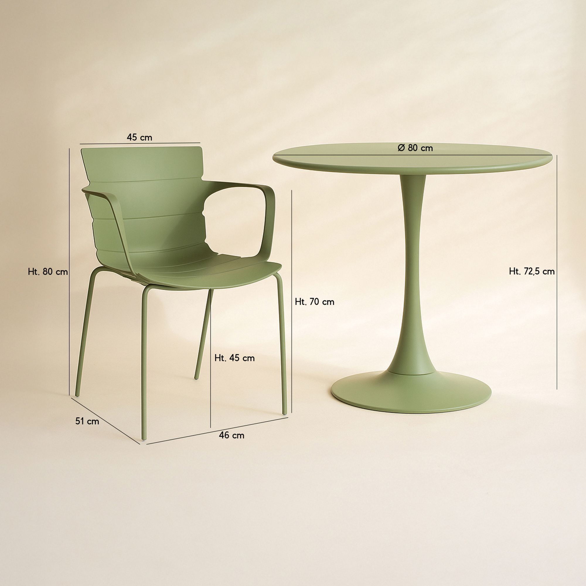 Ensemble de repas table et 4 fauteuils en polypropylène vert MONTAUK