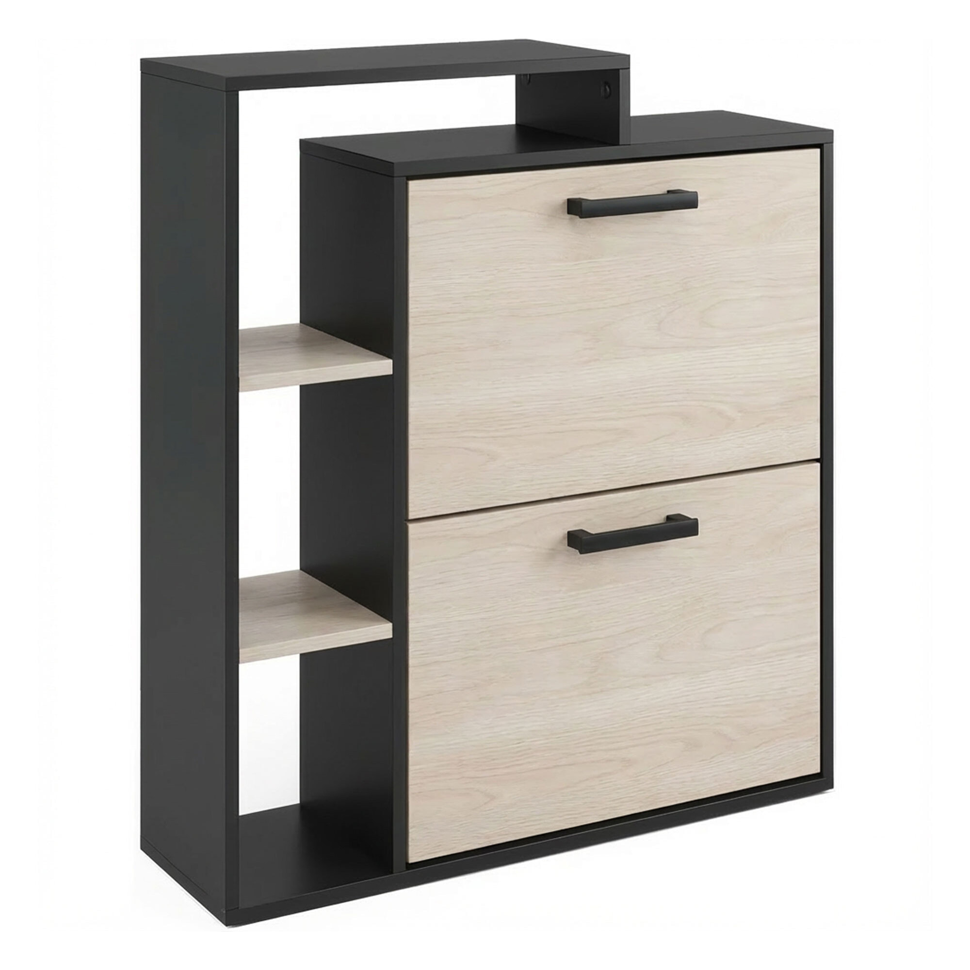 Sena - Scarpiera Salvaspazio 2 Ante 80x90x24,5 cm 12 Paia con Mensole e Ripiano Svuotatasche in Legno Nero