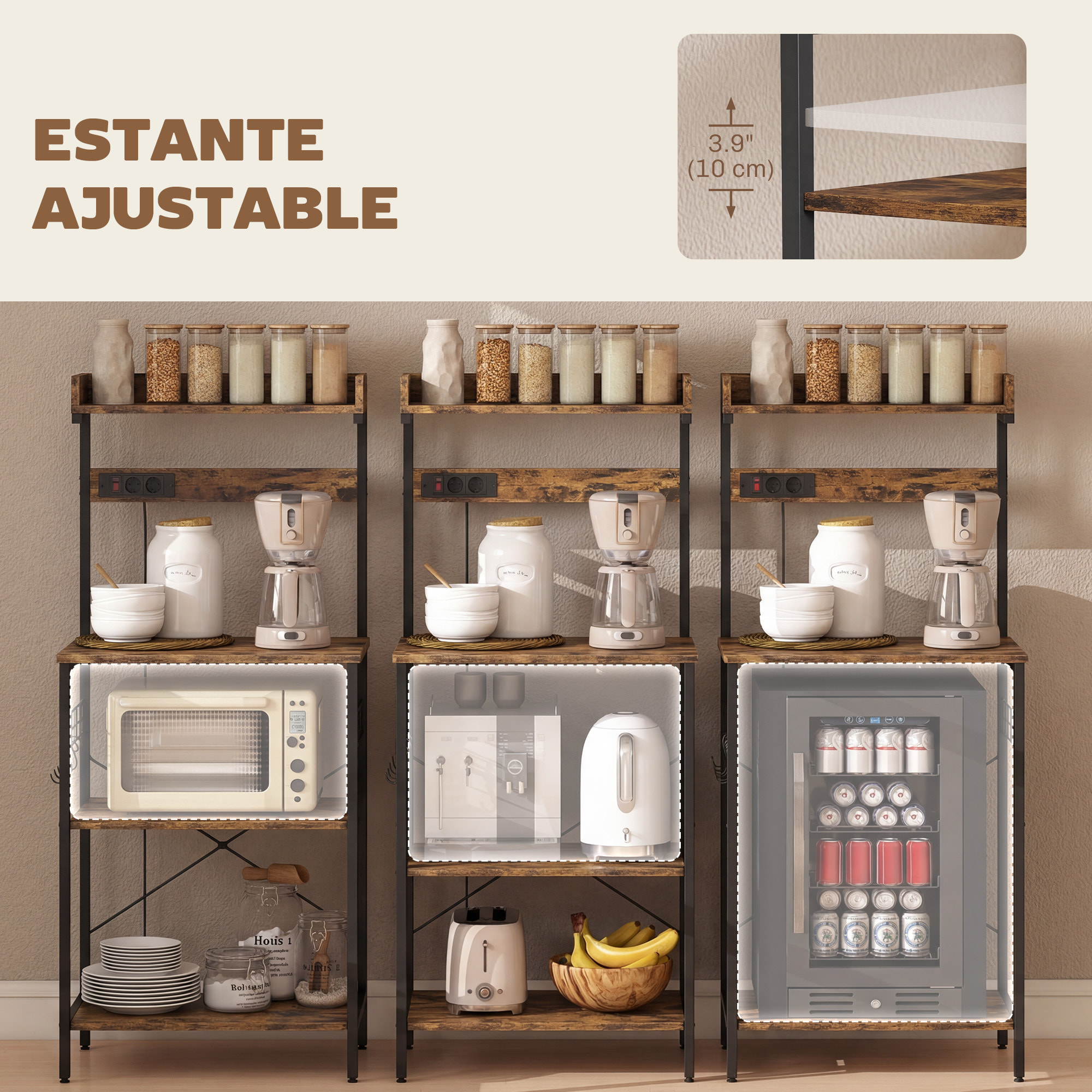 Estantería de Cocina con 2 Tomacorrientes, Estantería de Panadería Industrial con Estación de Café, Estante para Microondas, Estante Ajustable, Ganchos, 60x42x137 cm, Marrón Rústico y Negro