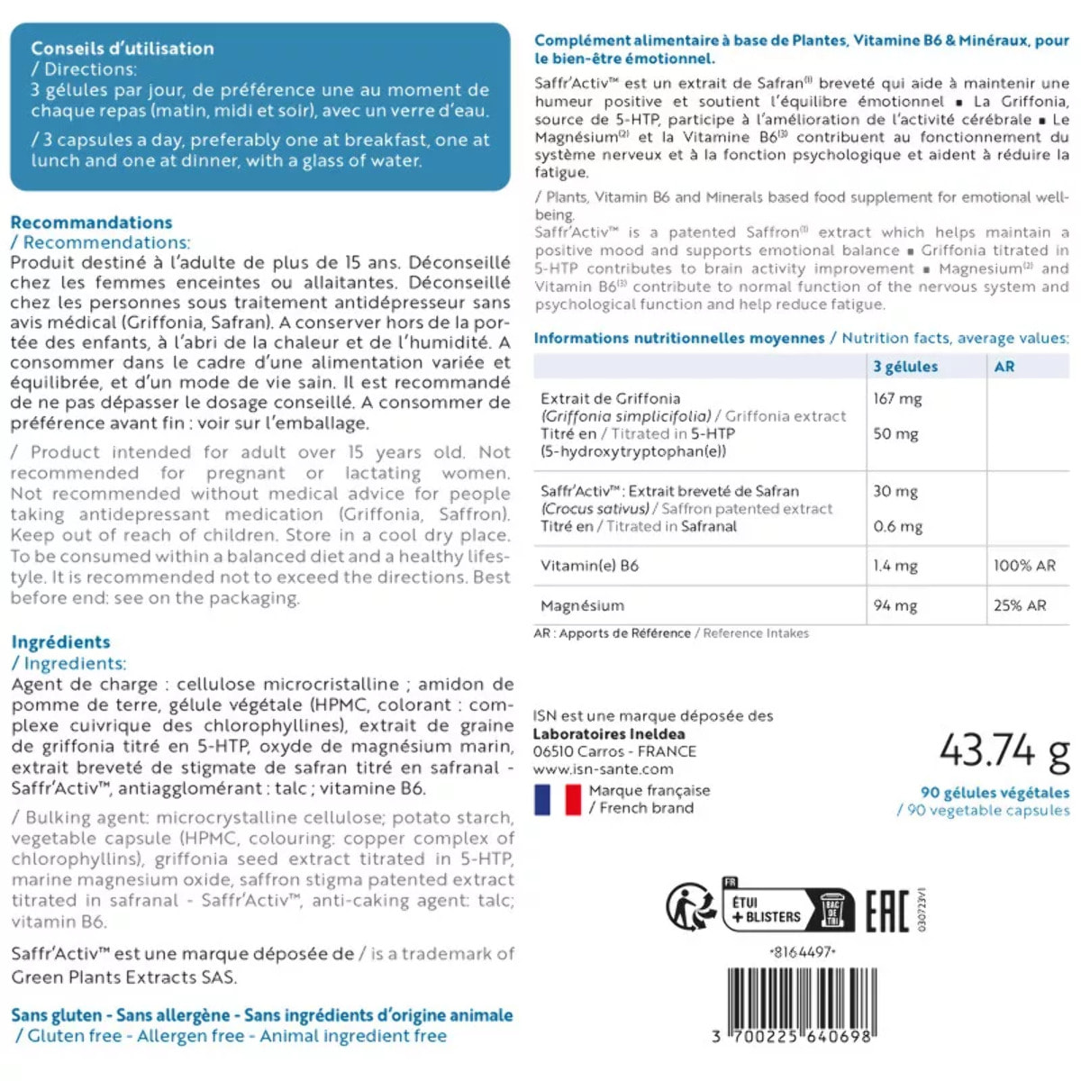 Ineldea Santé Naturelle - Euphoryl - Complément alimentaire - Safran et Magnésium Marin - Bon équilibre émotionnel - Vitalité - 90 gélules végétales - Cure 90 jours - Lot de 3