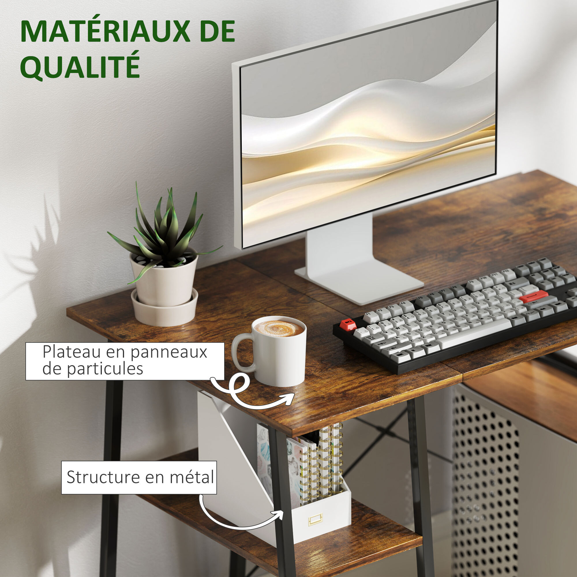 Bureau style industriel 2 étagères dim. 120 x 60 cm châssis métal noir effet bois vieilli