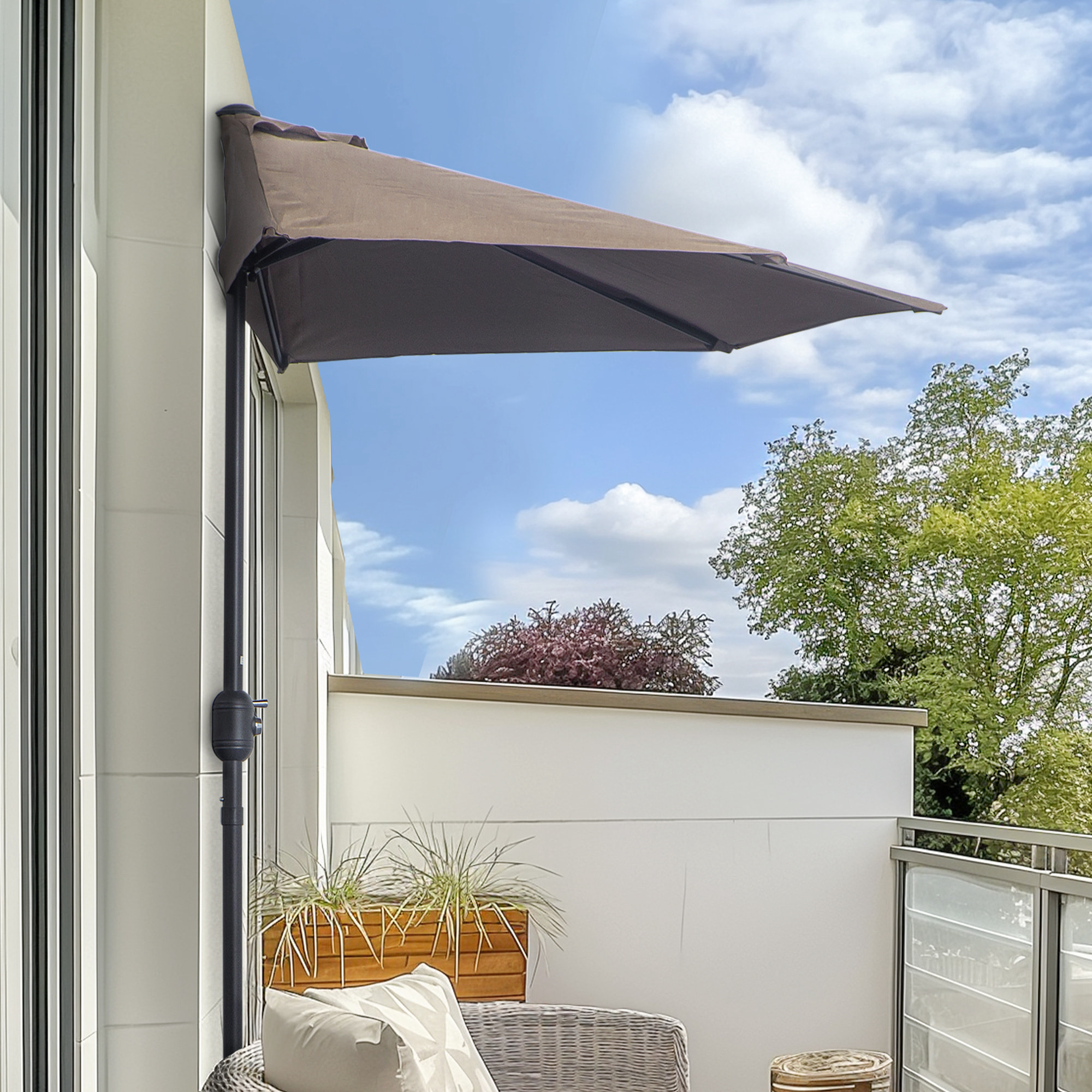 Demi parasol - parasol de balcon 5 entretoises métal polyester 2,69L x 1,38l x 2,36H m chocolat