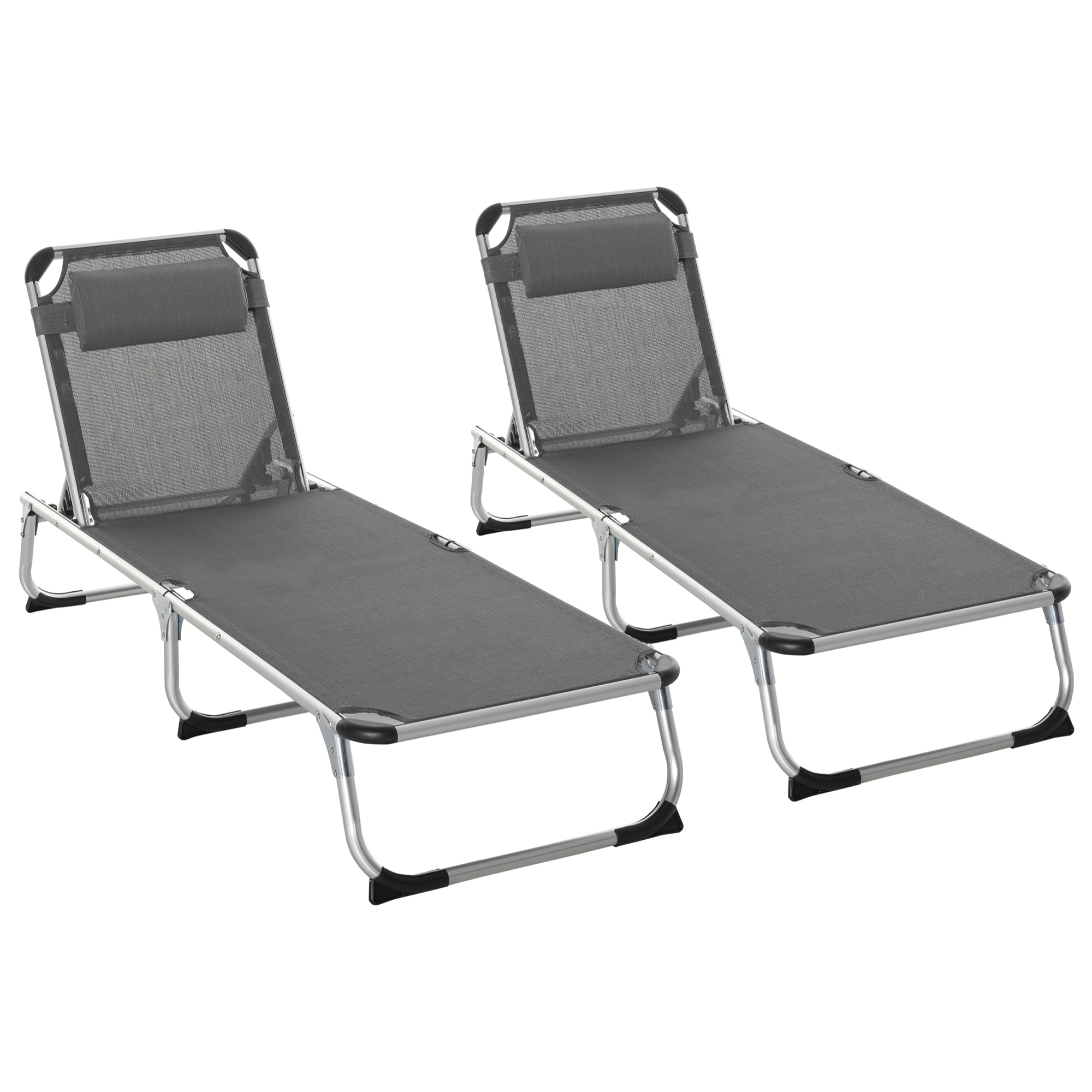 Conjunto de 2 Tumbonas Plegables de Aluminio Tumbonas de Jardín Reclinables con Reposacabezas Extraíble y Respaldo Ajustable en 4 Posiciones para Terraza Piscina Playa 165x60x76 cm Gris