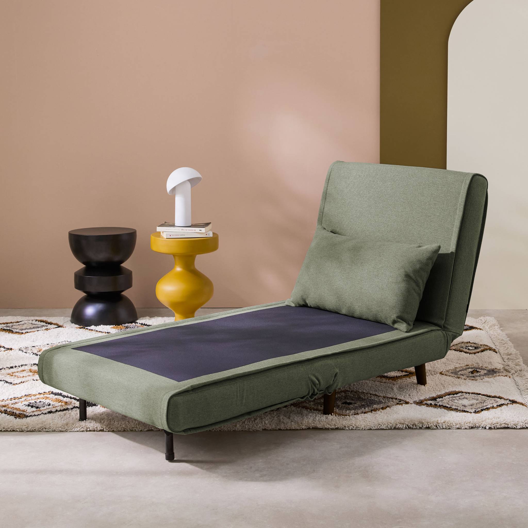 Chauffeuse convertible tissu piétement bois 1 place kaki Guest