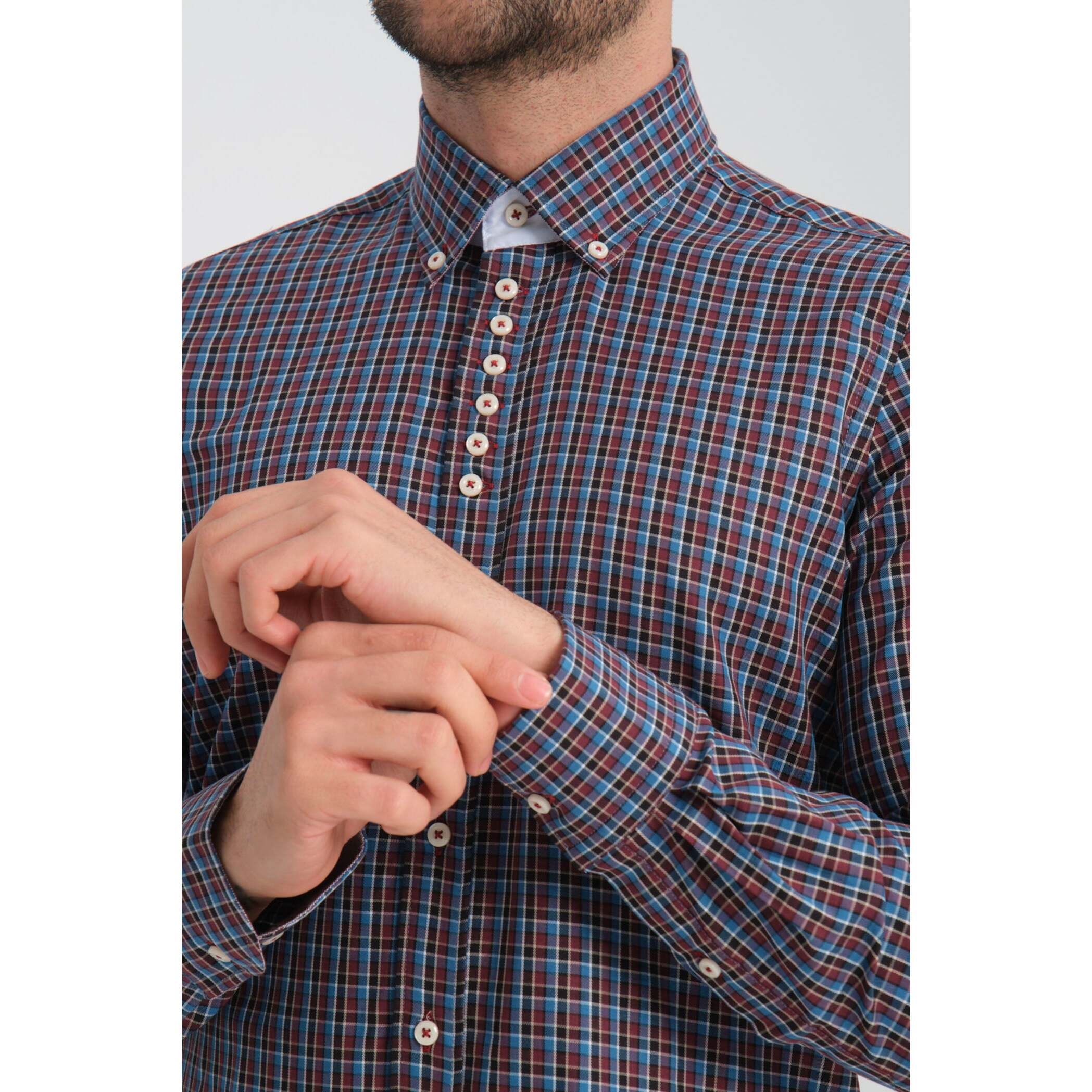 Camicia Uomo 1 Bottoni Button Down Slim Twill Quadro Medio Bordeaux e Blu Chiaro