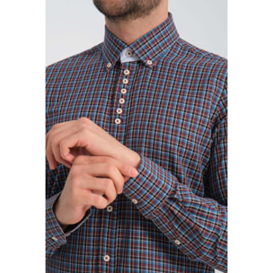 Camicia Uomo 1 Bottoni Button Down Slim Twill Quadro Medio Bordeaux e Blu Chiaro