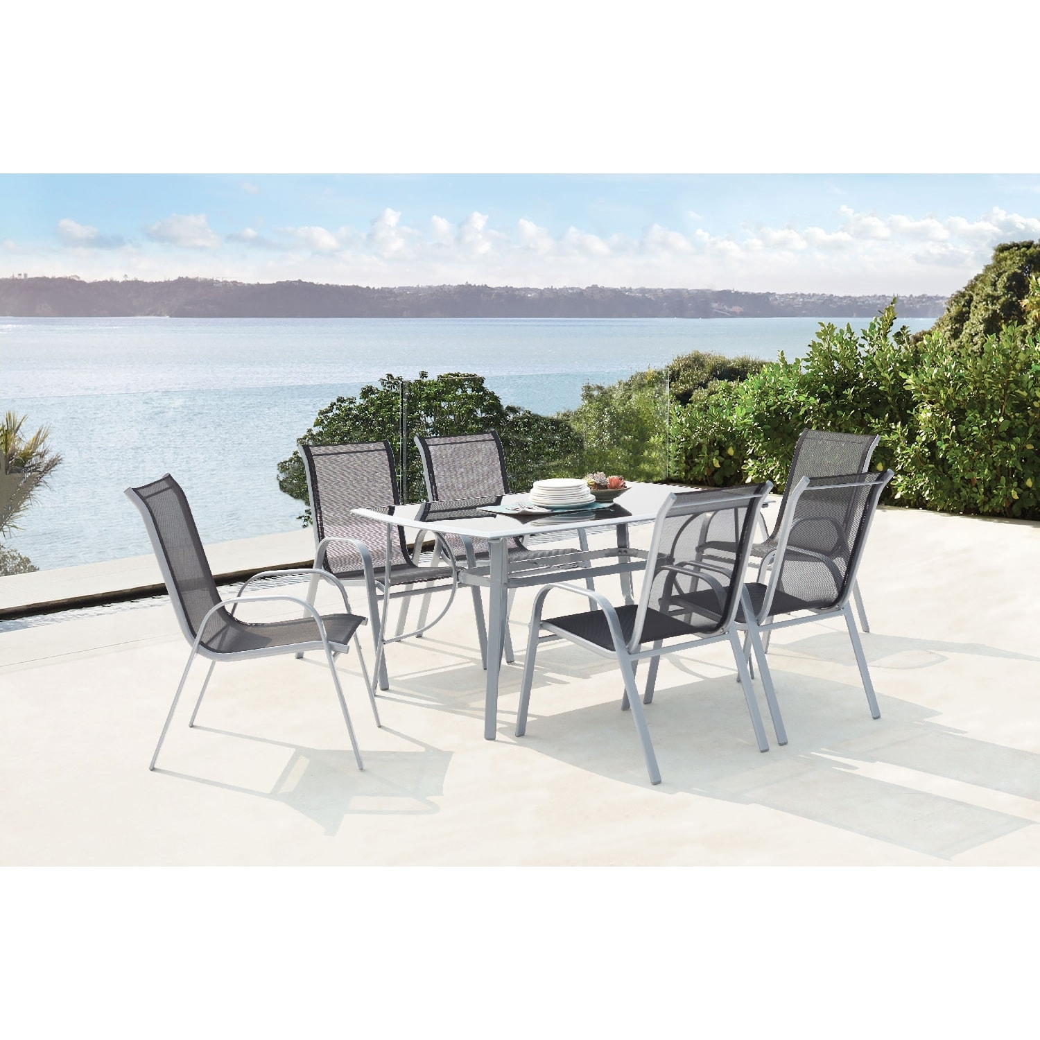 Table de jardin et 6 chaises en aluminium et acier gris BOROA