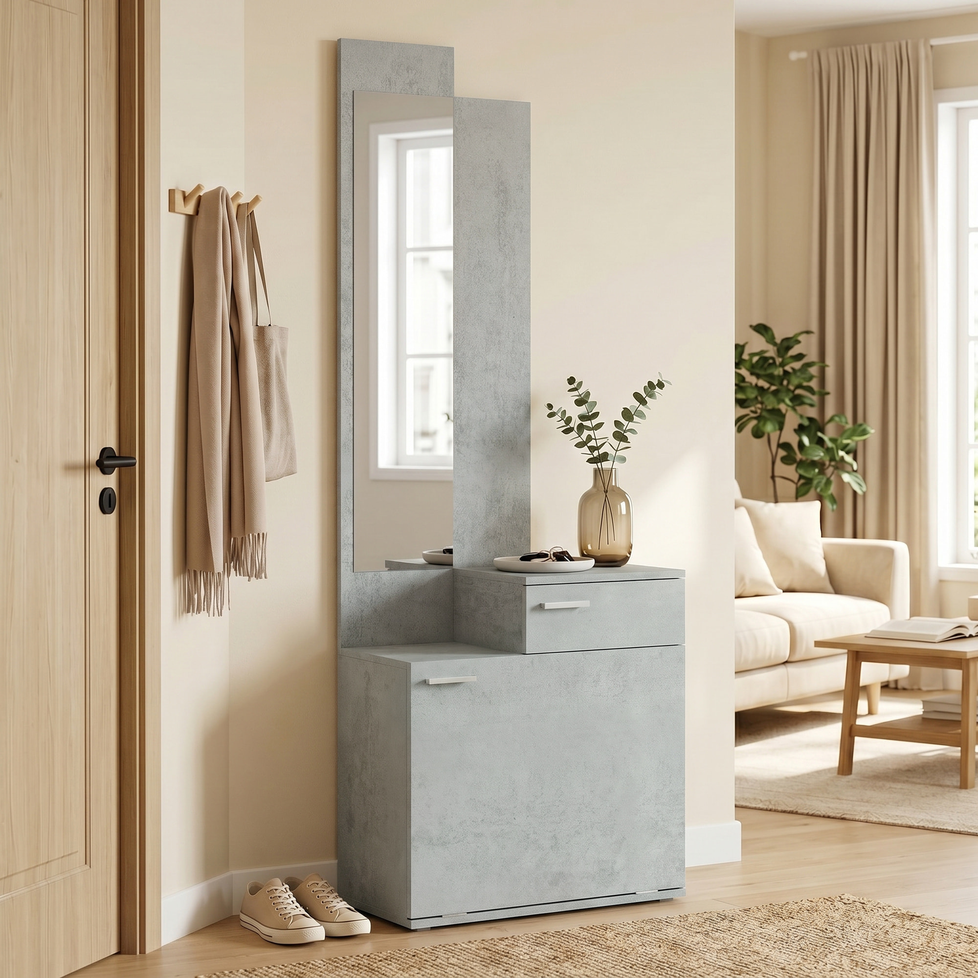 Ensemble meuble d'entrée avec meuble à chaussures abattant, vestiaire avec miroir, tiroir et plateau, gris