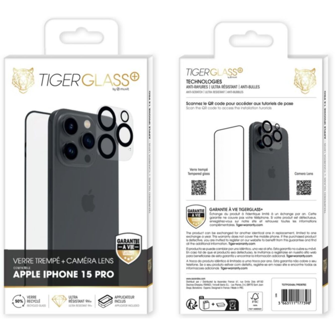 Protège écran TIGER GLASS iPhone 15 Pro Verre trempé + protège obj