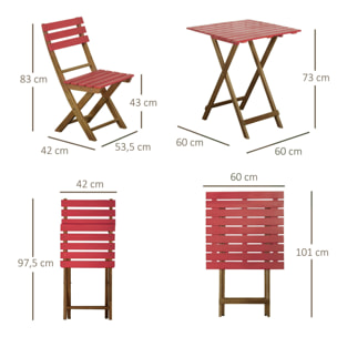 Ensemble bistro de jardin 3 pièces pliantes style colonial 2 chaises + table bois pin pré-huilé peint rouge