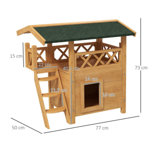 Casa para Gatos de Madera 77x50x73 cm Caseta para Gatos de 2 Niveles Refugio para Gatos con Techo Asfáltico Escalera y Balcón para Exterior Natural