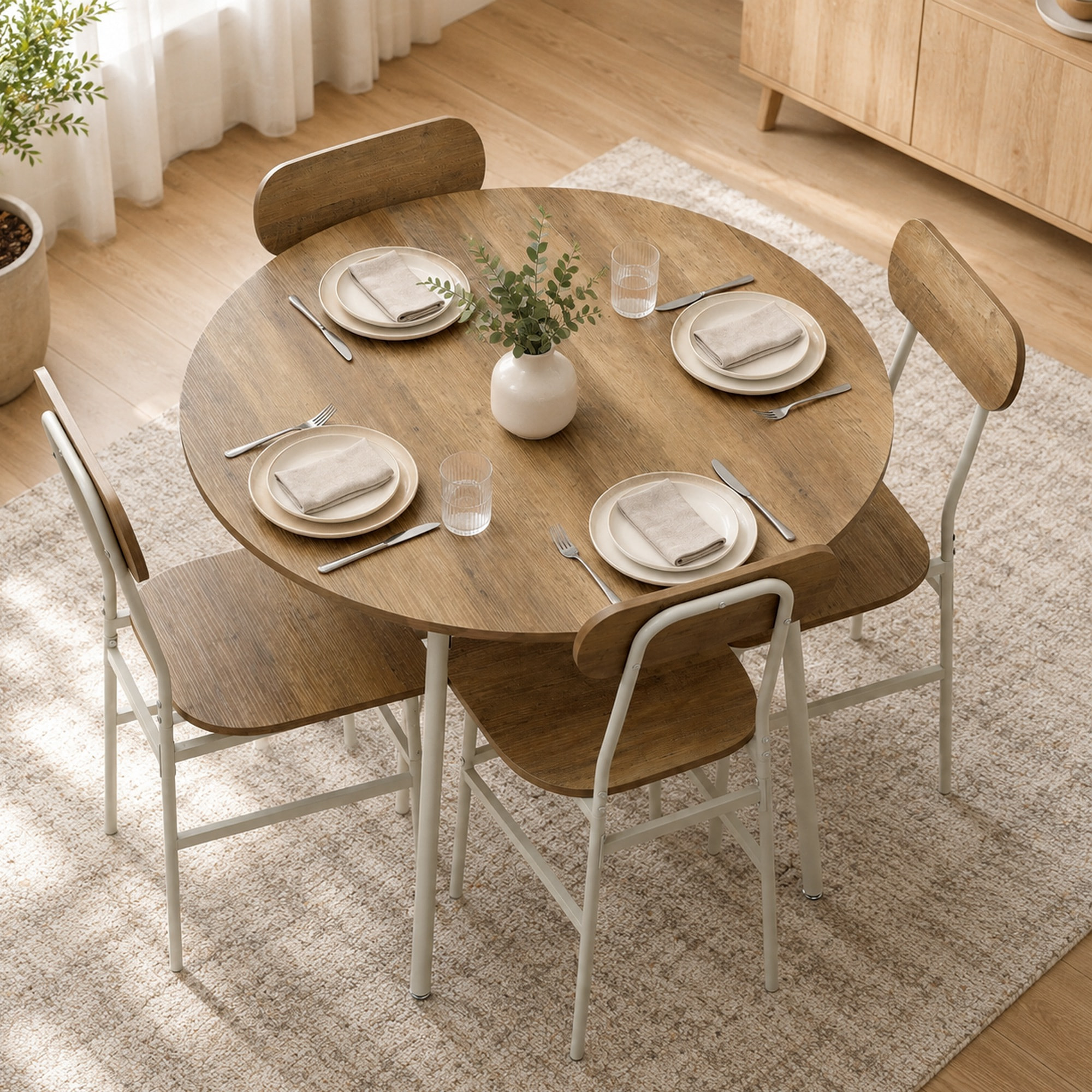 Ensemble table à manger ronde 4 chaises dia. 1 m métal blanc effet bois naturel