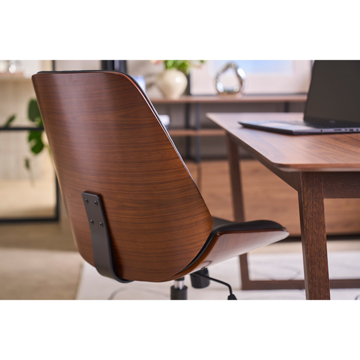 Chaise de bureau à roulettes noire et bois foncé DOUGLAS